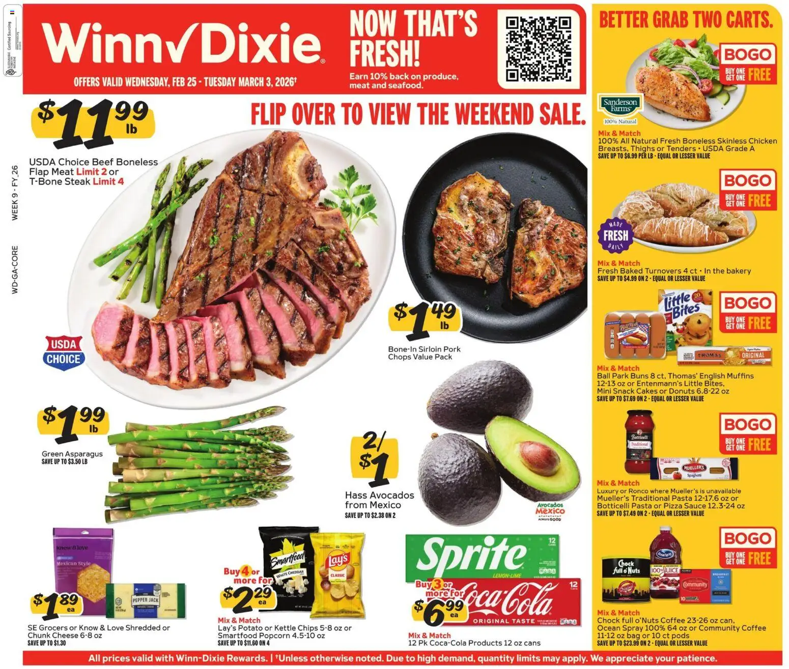 Ad Preview of Winn Dixie Weekly Circular - GA from 02/25/2026 - Coffee, Pasta, Steak, Juice, Pepper, Sprite, Sauce, Chicken