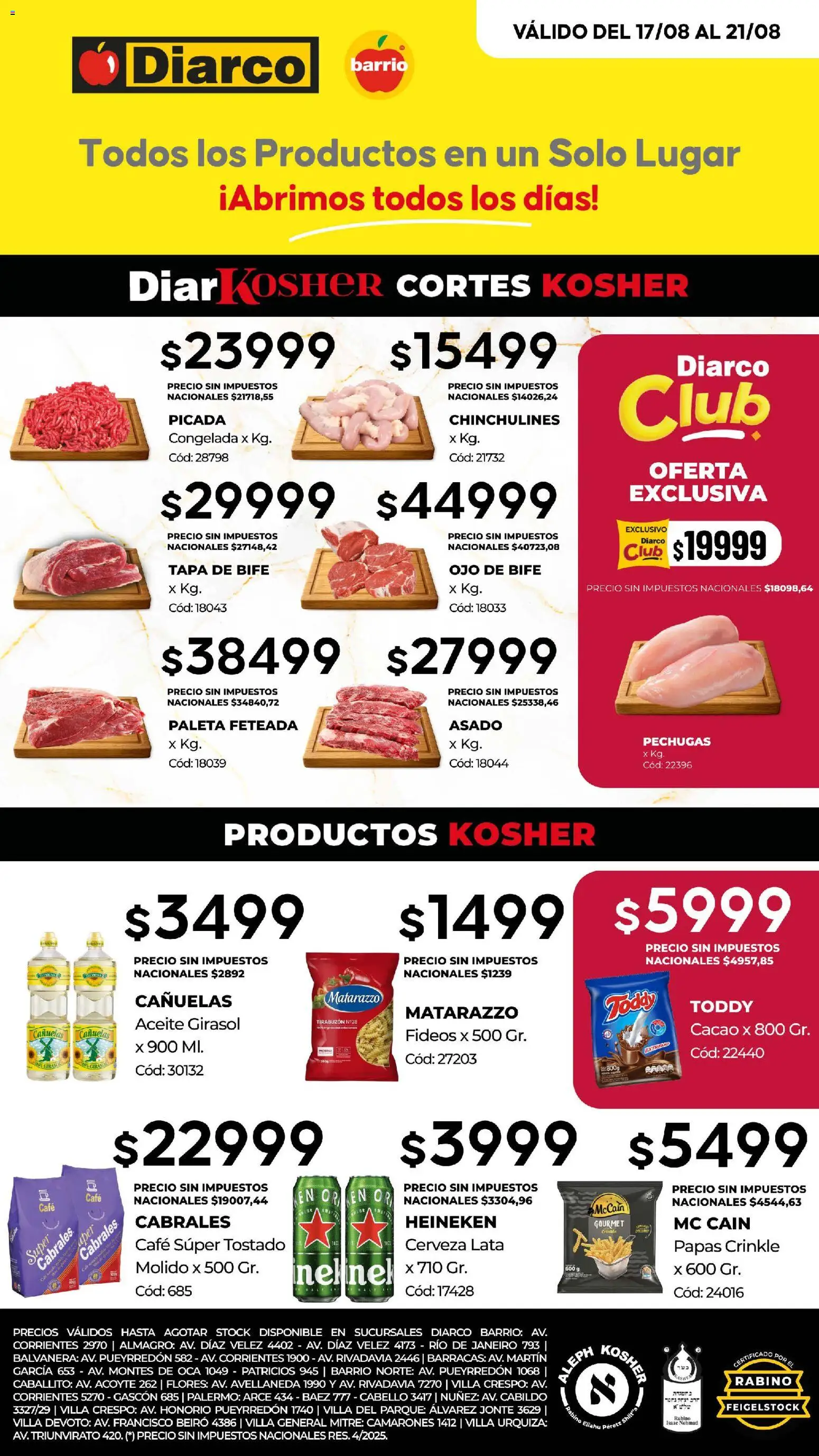 Vista previa del folleto de la tienda Diarco válido desde el 17/08/2026 - Café, Flores, Ojo de bife, Aceite, Fideos, Heineken, Chinchulines, Cacao