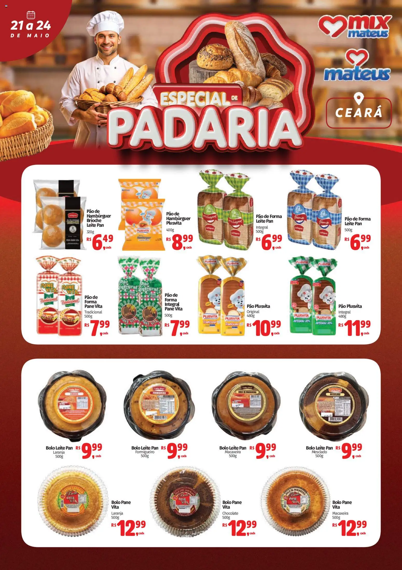 Pré-Visualização do folheto "Mateus ofertas Especial Padaria" da loja Mateus válido a partir de 21/05/2026 - Hambúrguer, Bolo, Chocolate, Pão, Leite, Pão de forma, Macaxeira, Maiô