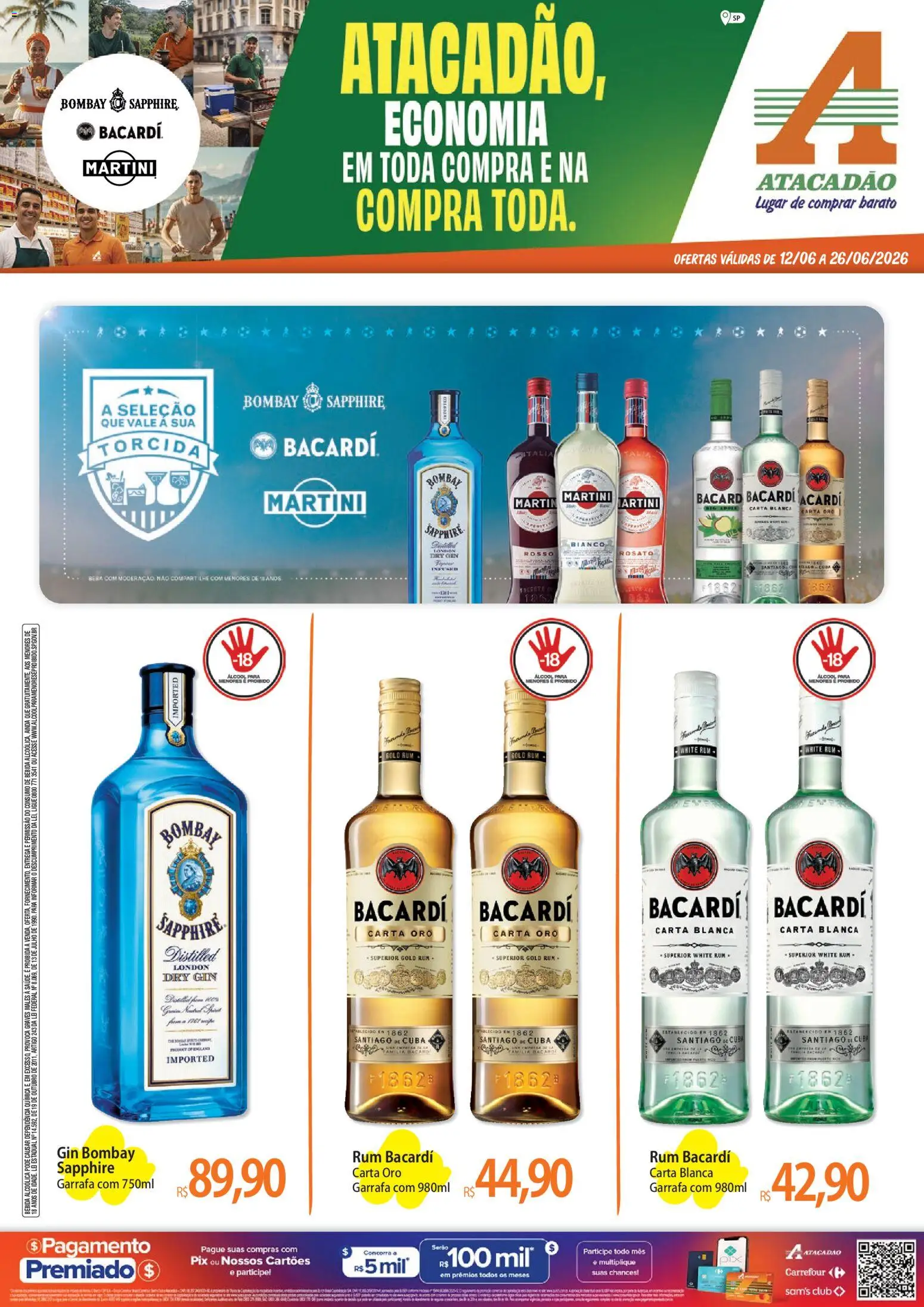 Pré-Visualização do folheto "Atacadão ofertas - SP" da loja Atacadão válido a partir de 12/06/2026 - Gin, Bebida, Cuba, Martini, Rum, Bacardi, Gin Bombay, Bombay Sapphire