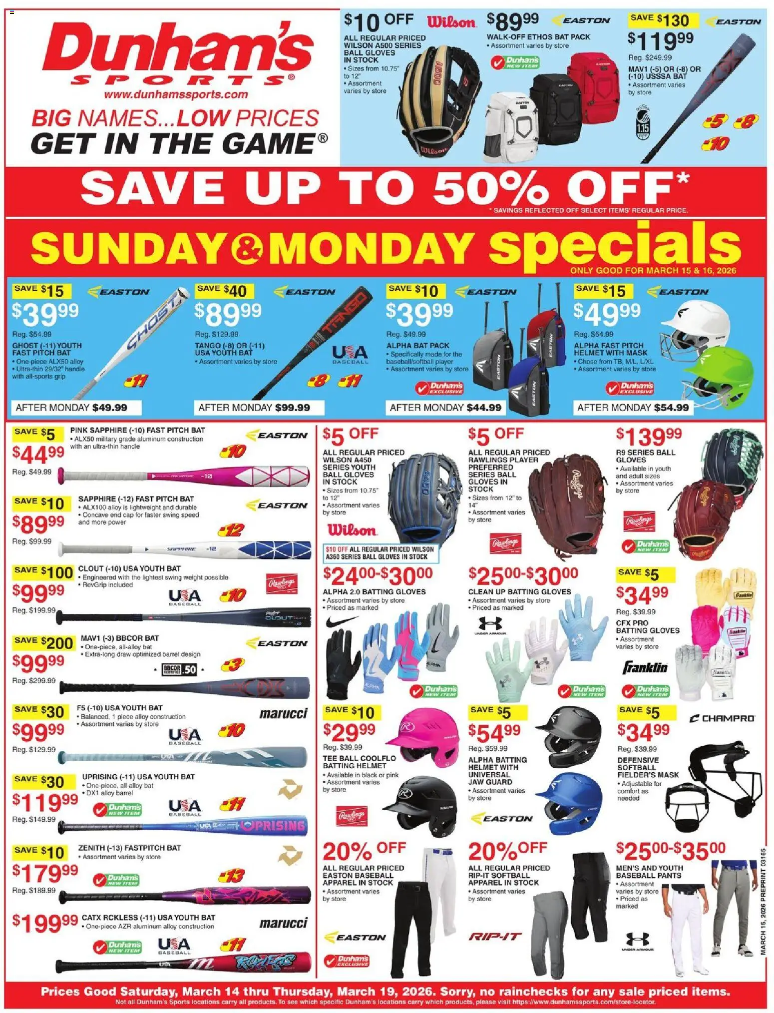 Ad Preview of Dunham's Sports Dunham's Sports Weekly Ad from 03/14/2026 - Cap, Mask, Pants, Weight, Gloves, Player