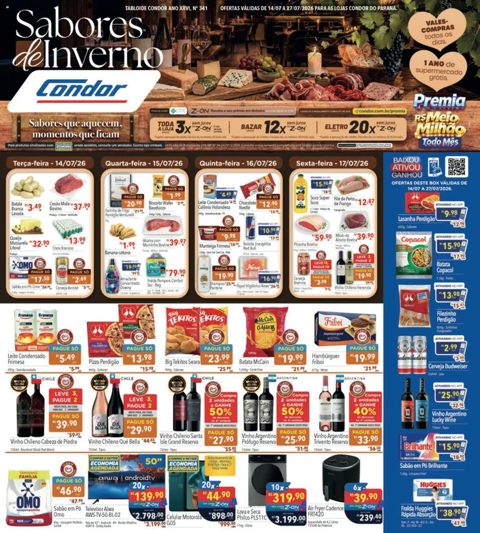 Pré-Visualização do folheto "Supermercados Condor - Ofertas da semana" da loja Supermercados Condor válido a partir de 14/07/2026 - Fralda pampers, Lasanha, Queijo, Manteiga, Papel higiênico, Alcatra, Áudio, Coxão mole