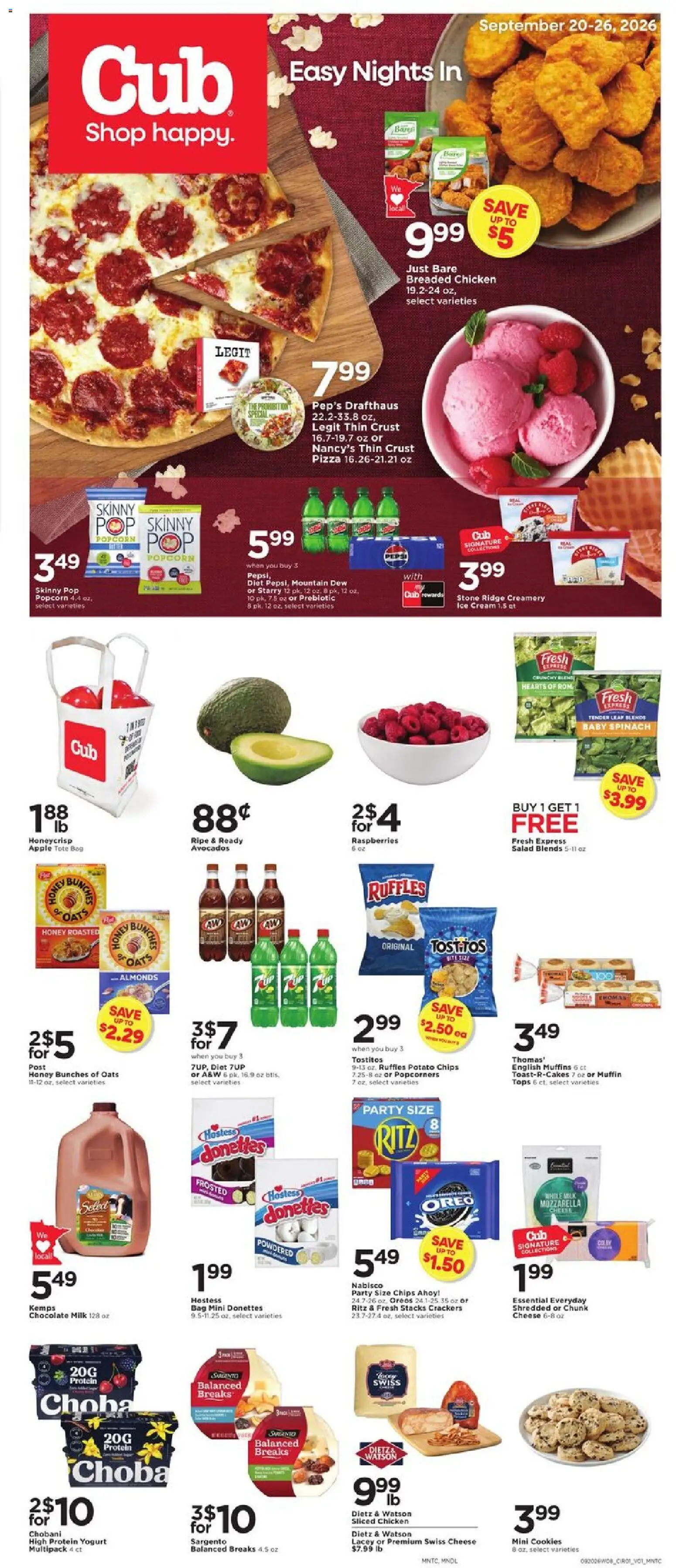 Ad Preview of Cub Foods Cub Foods Weekly Ad from 09/20/2026 - Ice cream, Ice, Chips, Pepsi, Raspberries, Crackers, Potato chips, Protein yogurt