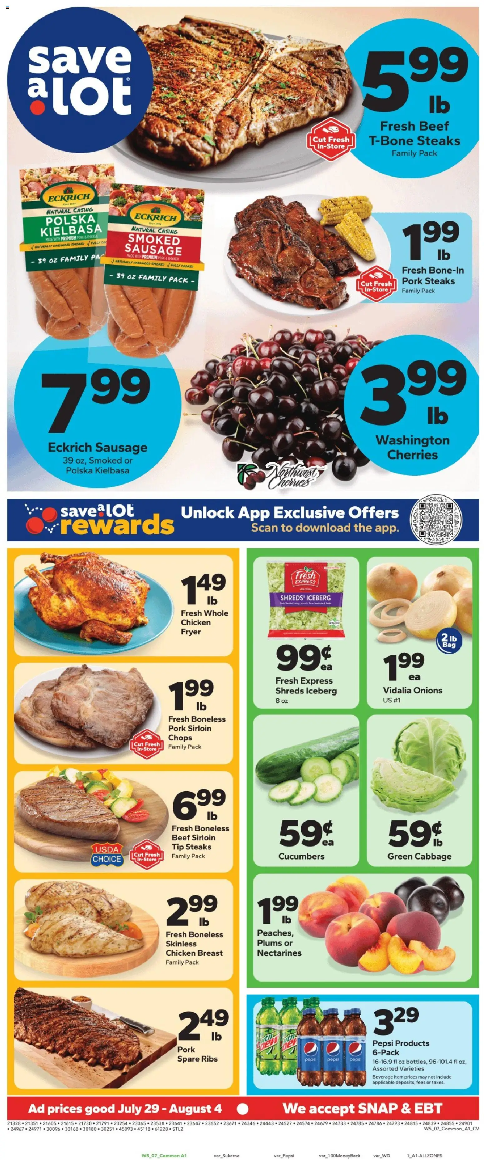 Ad Preview of Save a Lot Weekly Ad from 07/29/2026 - Cherries, Pepsi, Cucumbers, Sausage, Plums, Fryer, Beef sirloin, Chicken