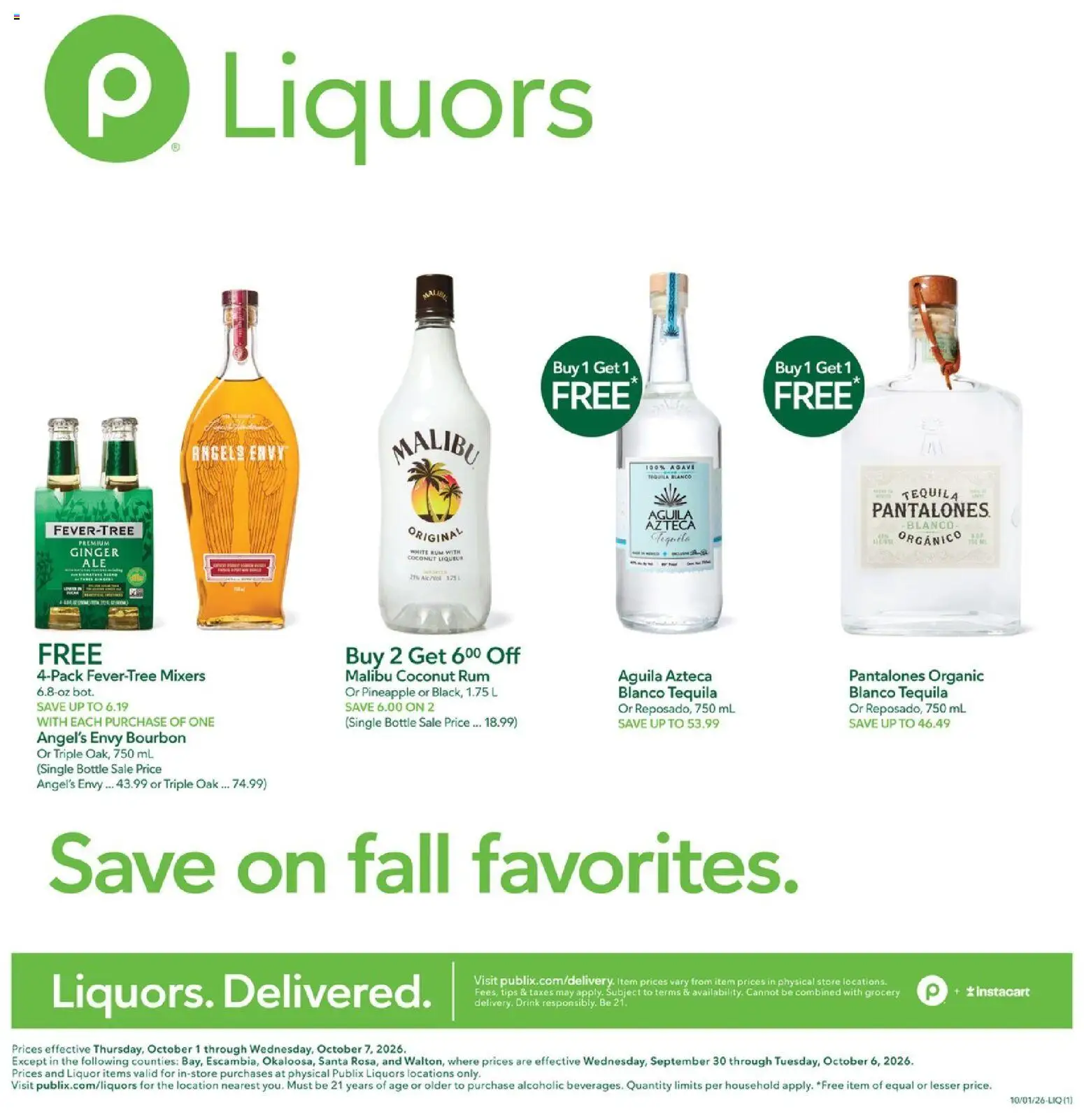 Ad Preview of Publix Publix Liquor Ad from 10/01/2026 - Tequila, Malibu, Pineapple, Ginger, Agave, Bourbon, Coconut, White rum