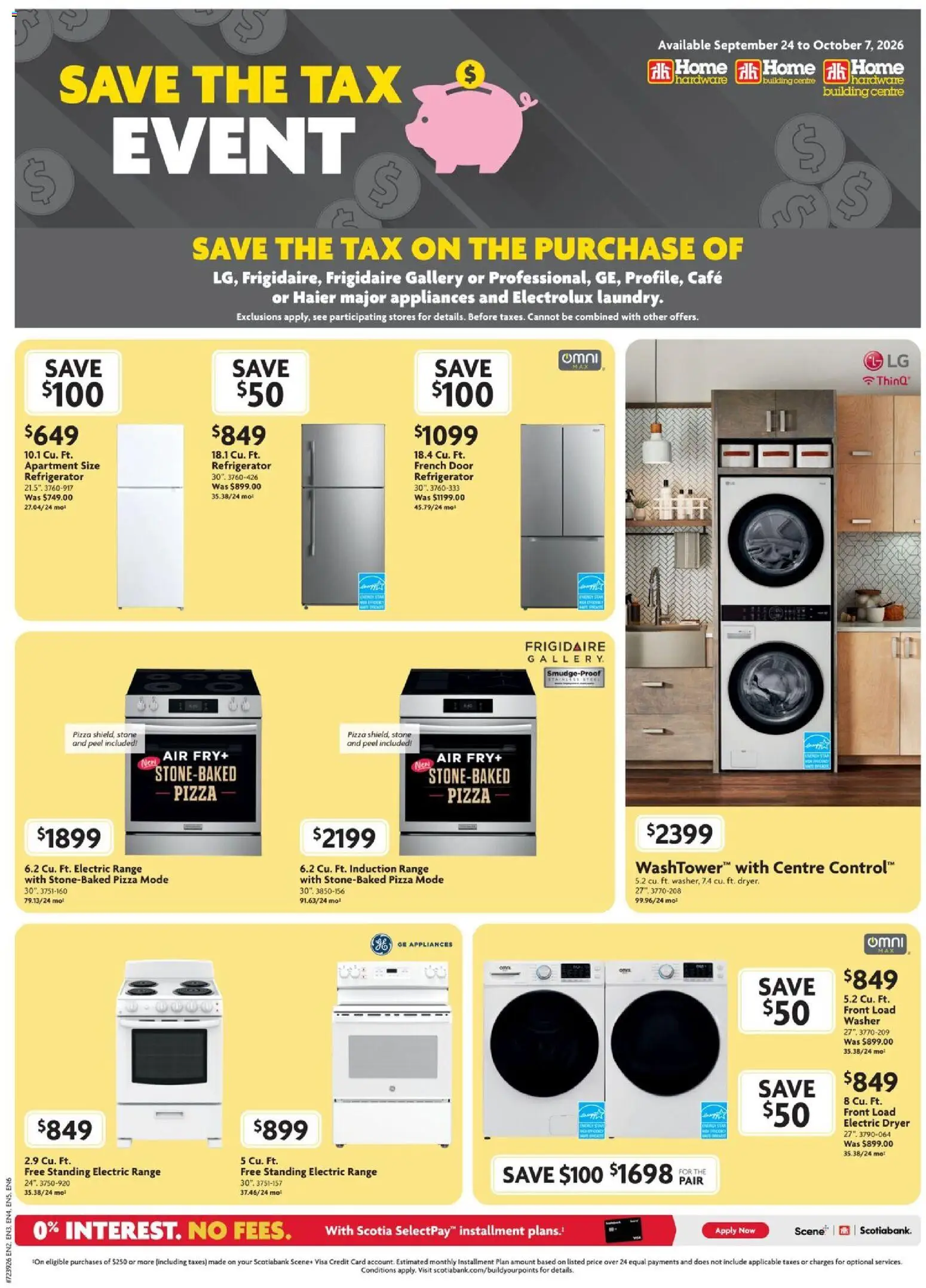 Preview of leaflet Home Hardware flyer - Save the tax event from shop Home Hardware is valid from Sep 24, 2026 - Pizza, Refrigerator, Door, Dryer