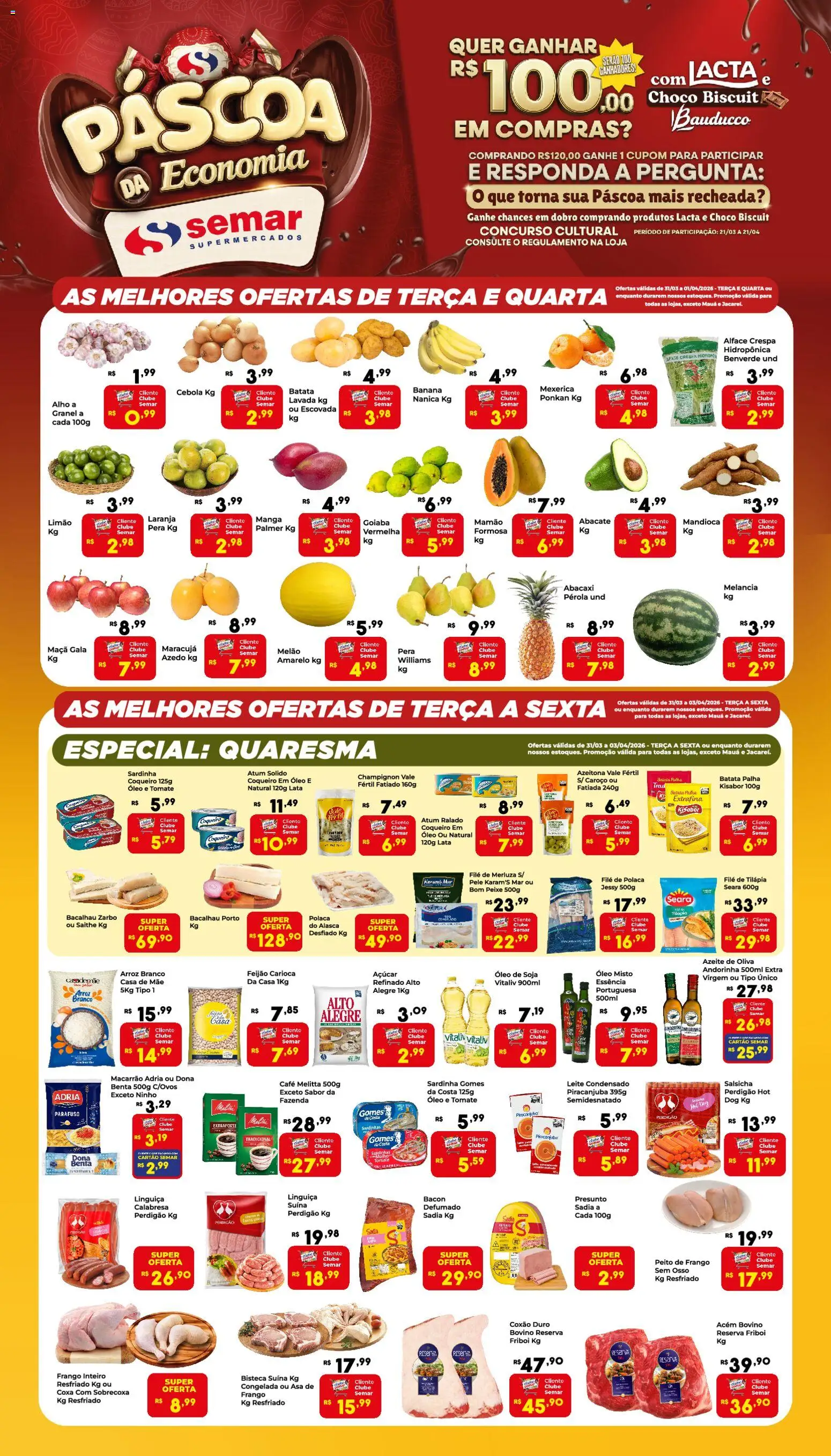 Pré-Visualização do folheto "Semar Supermercado - Ofertas da semana" da loja Semar Supermercado válido a partir de 31/03/2026 - Salsicha, Leite, Alface, Bacon, Atum, Sardinhas, Champignon, Tilápia