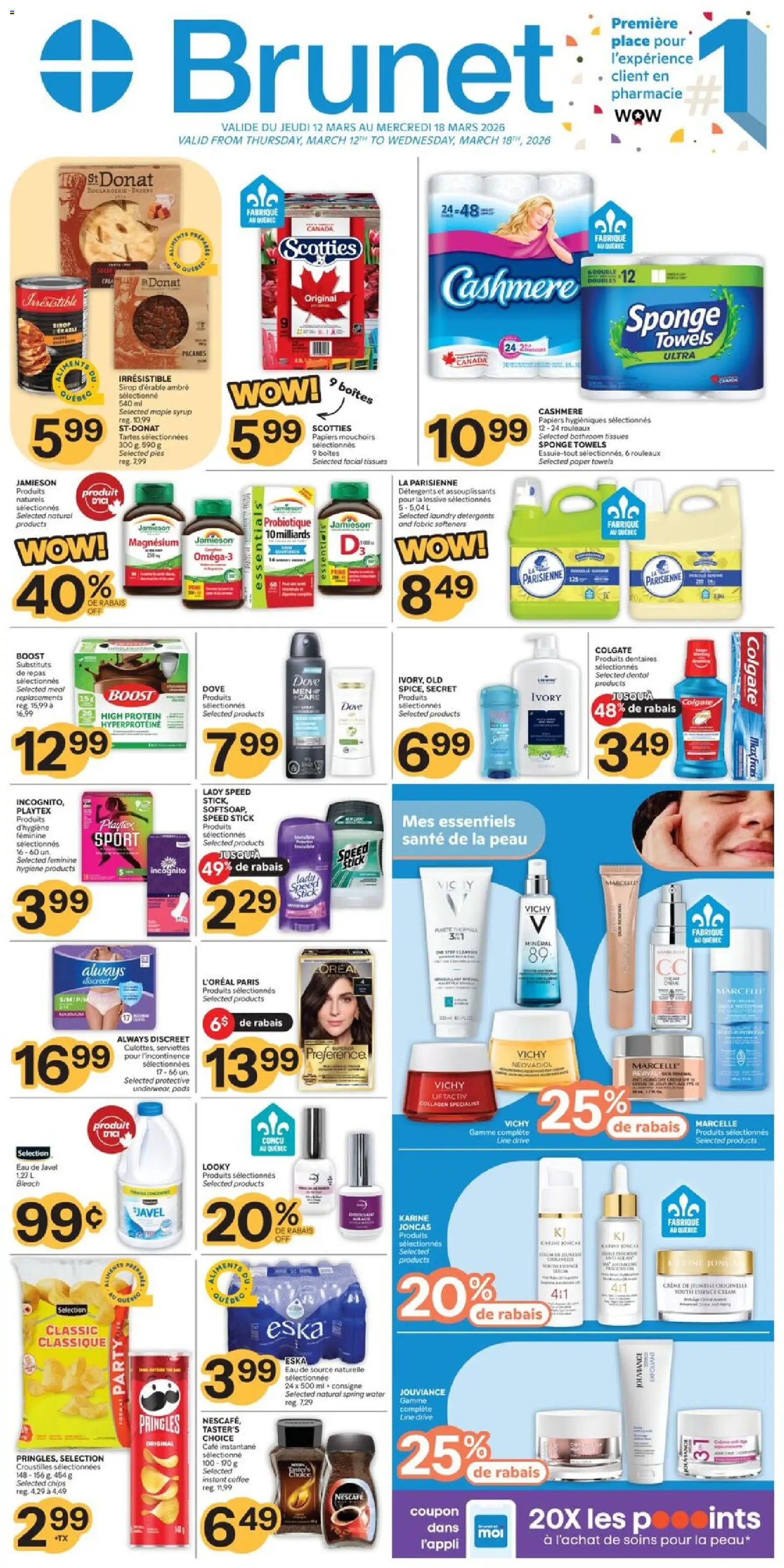 Preview of leaflet Brunet weekly flyer / circulaire from shop Brunet is valid from Mar 12, 2026 - Water, Chips, Protein, Spring water, Paper towels, Towels, Sponge, Tissues
