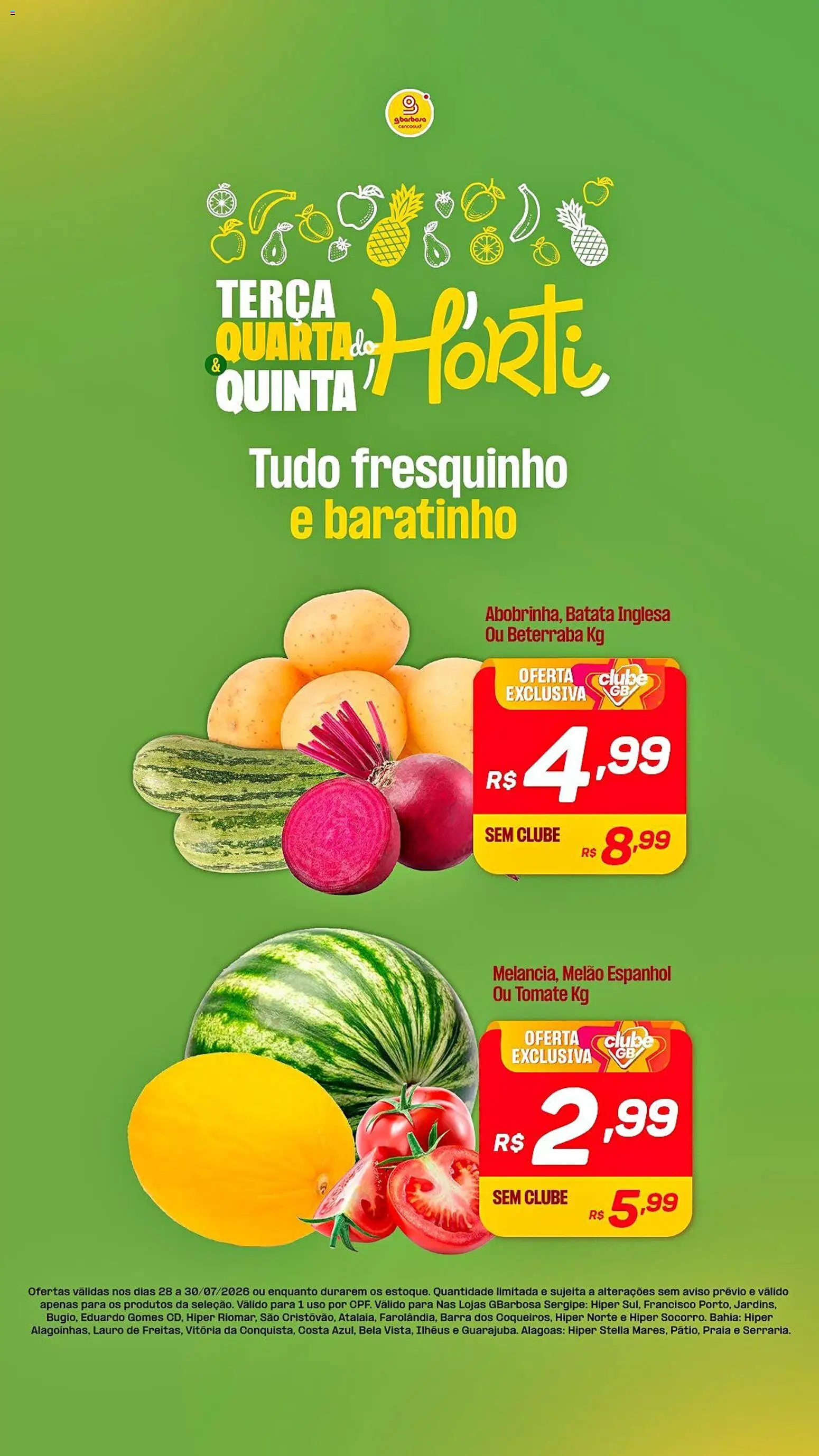 Pré-Visualização do folheto "Gbarbosa ofertas Terça, quarta e quinta" da loja Gbarbosa válido a partir de 28/07/2026 - Batata, Beterraba, Tomate, Melão