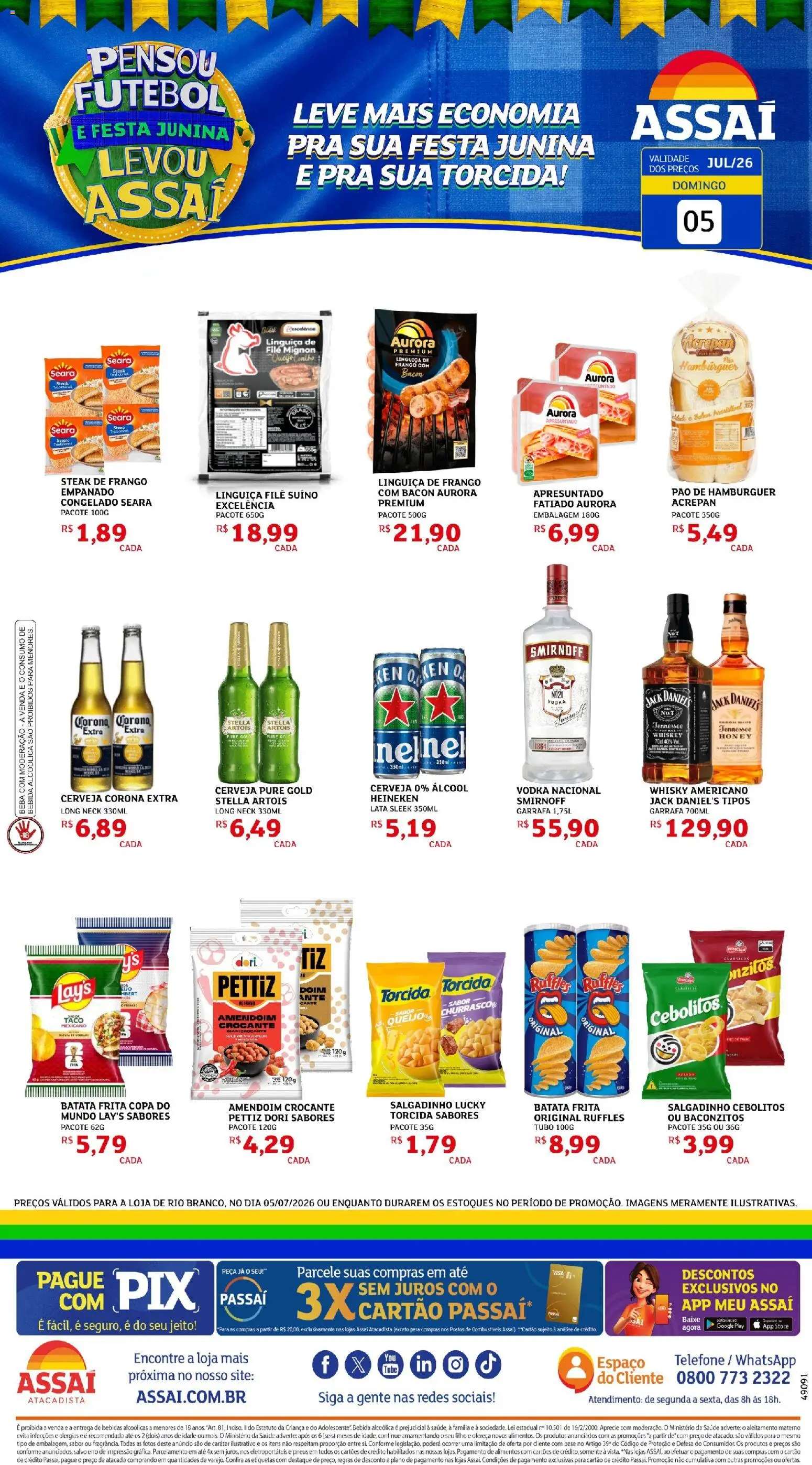 Pré-Visualização do folheto "Assaí Atacadista ofertas - AC" da loja Assaí Atacadista válido a partir de 05/07/2026 - Pão, Bebida, Batata frita, Frango, Bacon, Alimentos, Filé mignon, Steak