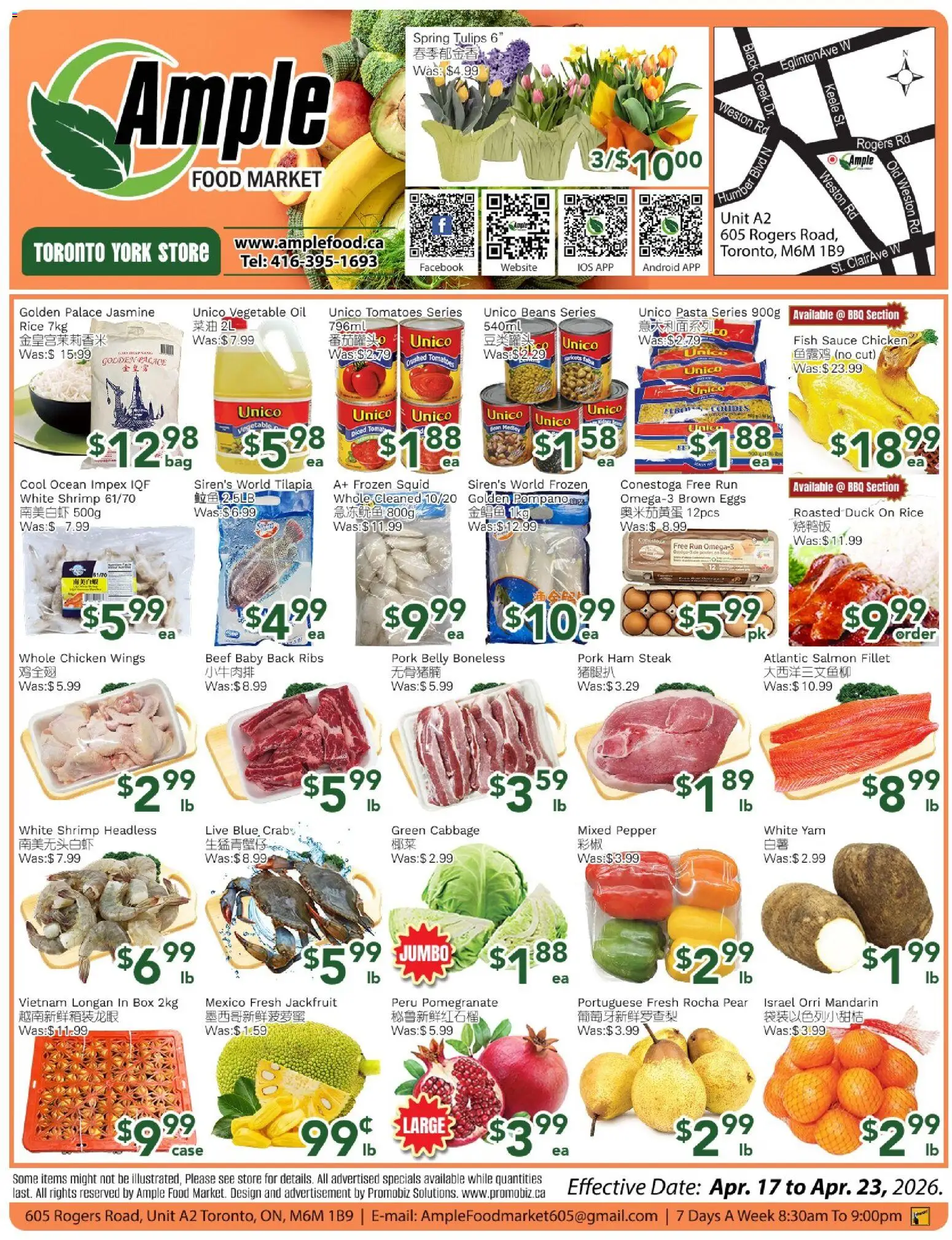 Preview of leaflet Ample Food Market weekly flyer Toronto York from shop Ample Food Market is valid from Apr 17, 2026 - Chicken, Eggs, Tulips, Oil, Cabbage, Ham, Case, Salmon fillet