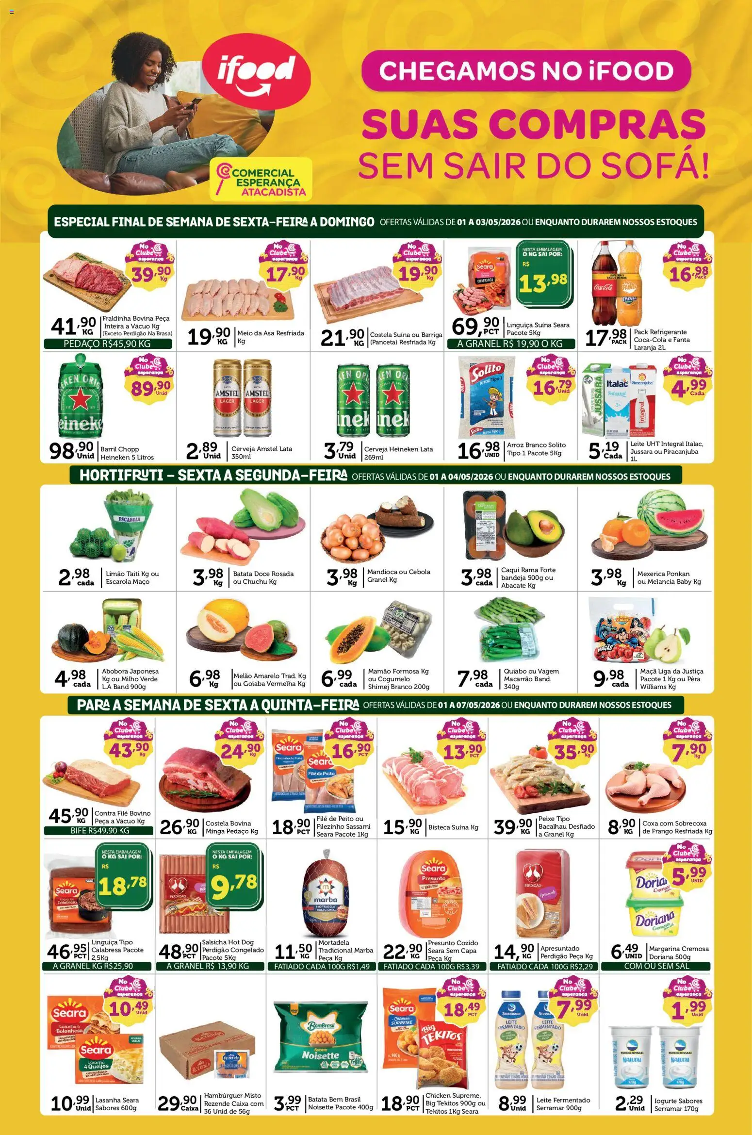 Pré-Visualização do folheto "Comercial Esperança - Ofertas da semana" da loja Comercial Esperança válido a partir de 01/05/2026 - Peixe, Sal, Iogurte, Leite, Cerveja Heineken, Mexerica, Melão, Mamão