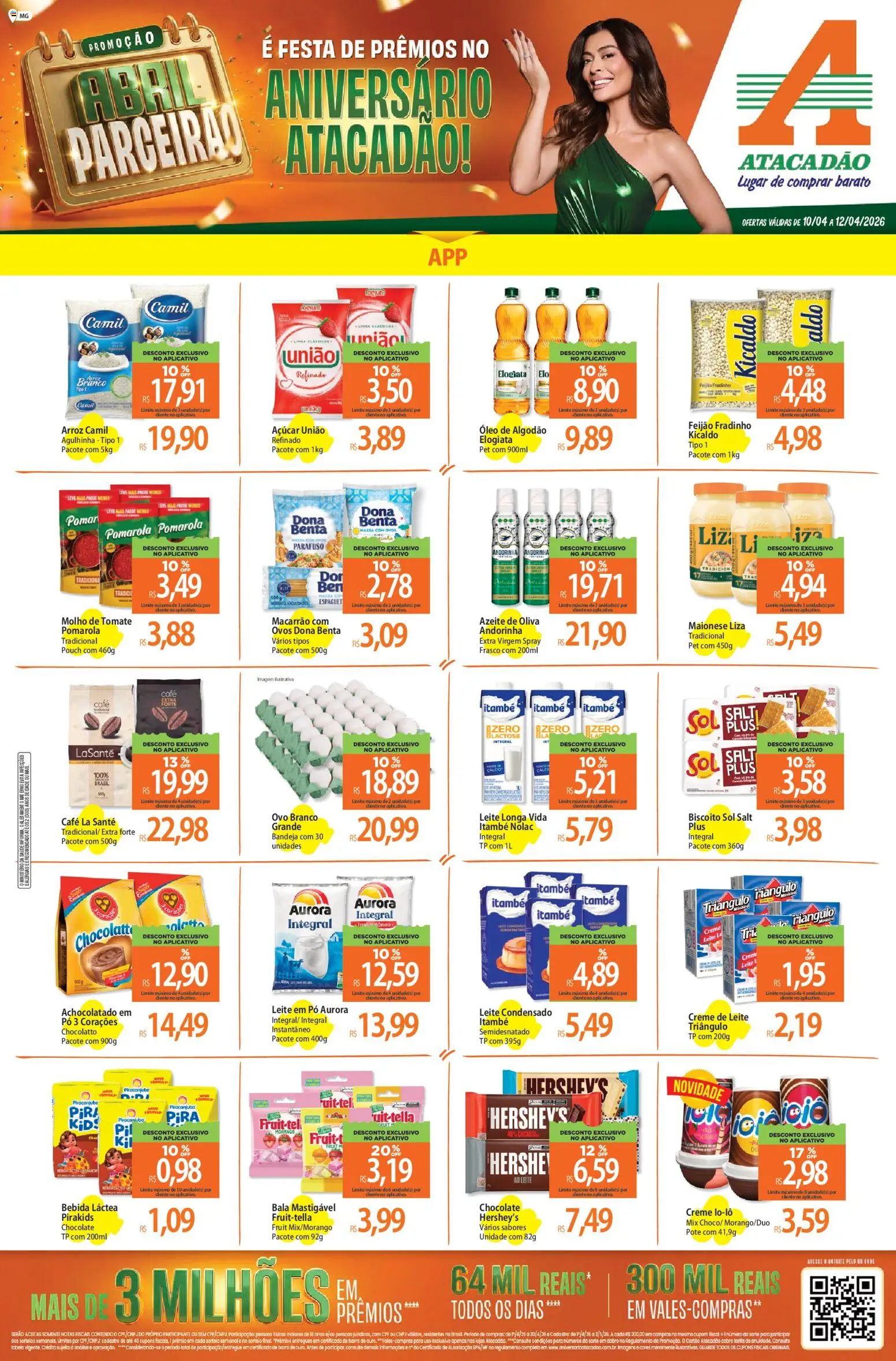 Pré-Visualização do folheto "Atacadão ofertas - MG" da loja Atacadão válido a partir de 10/04/2026 - Café, Leite condensado, Arroz, Biscoito, Creme de leite, Bandeja, Algodão, Leite longa vida