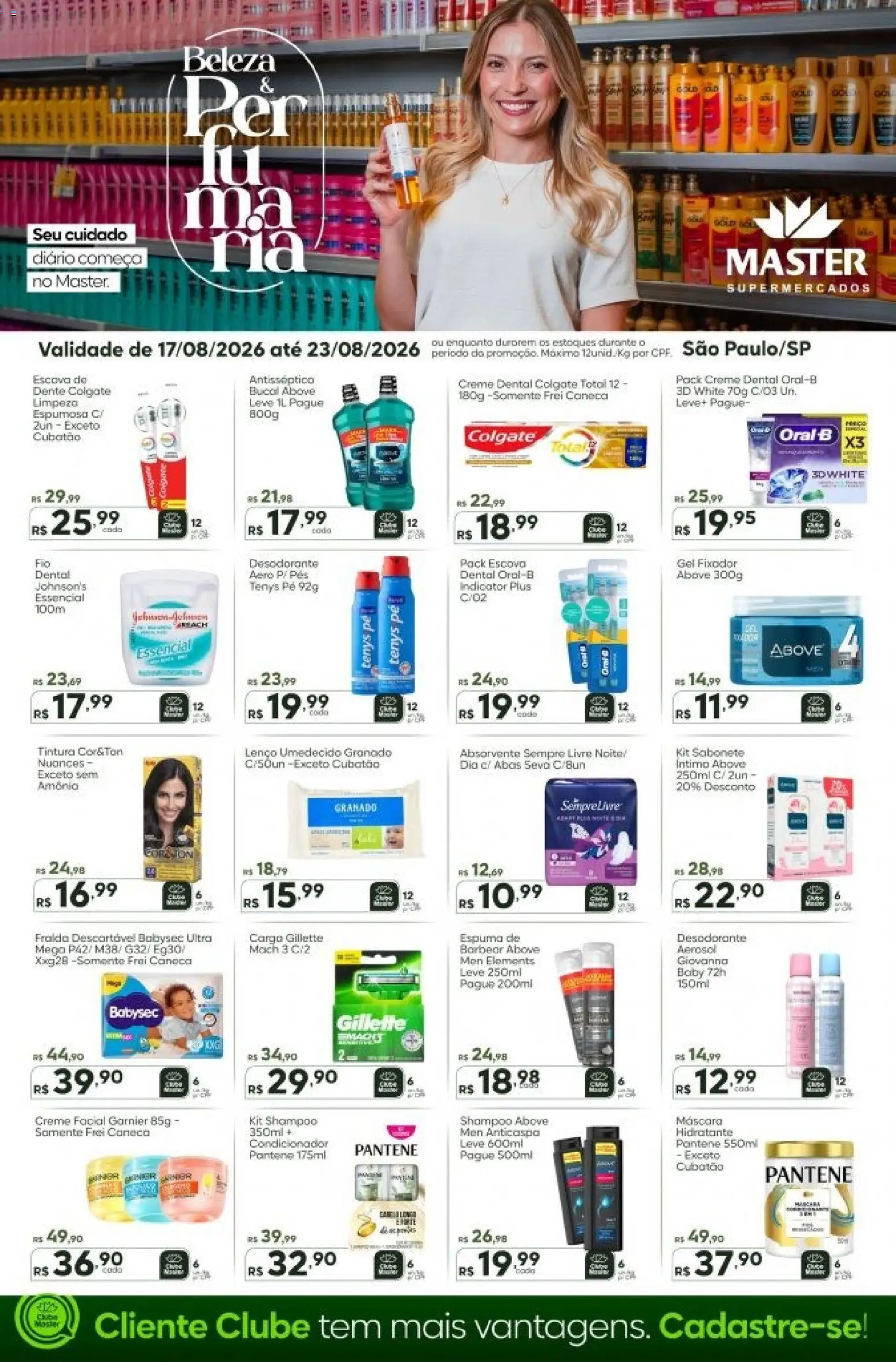 Pré-Visualização do folheto "Master ofertas Perfumaria" da loja Master válido a partir de 17/08/2026 - Shampoo, Absorvente, Desodorante, Escova, Condicionador, Lenço, Creme facial, Creme dental
