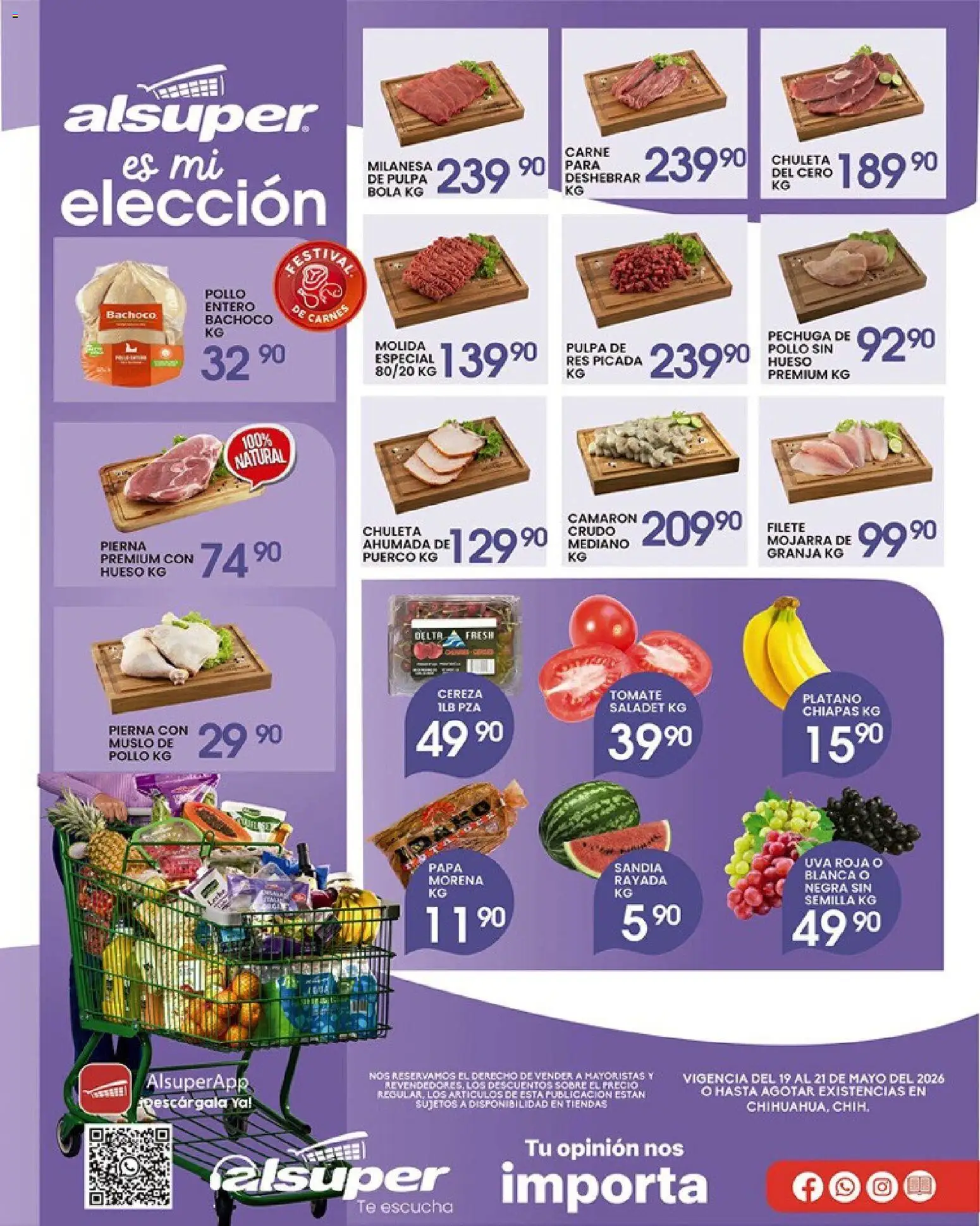 Vista previa las ofertas de la tienda Alsuper - Alsuper folleto Chihuahua-Estado desde el 19/05/2026 - Papa, Té, Plátano, Sandía, Uva, Chuleta ahumada, Chuleta, Pulpa de res