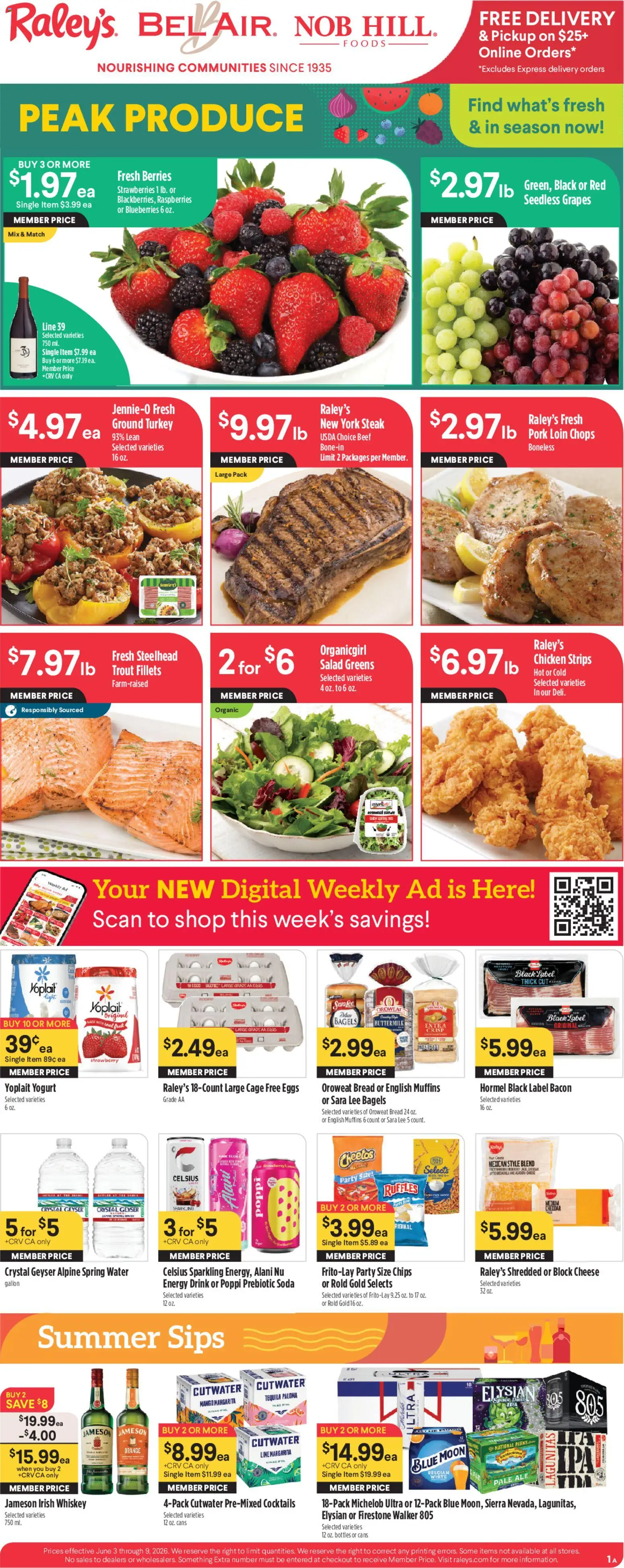Ad Preview of Raley's Raley's Weekly Ad from 06/03/2026 - Eggs, Tequila, Cheese, Bread, Yogurt, Beef, Trout, Pork loin