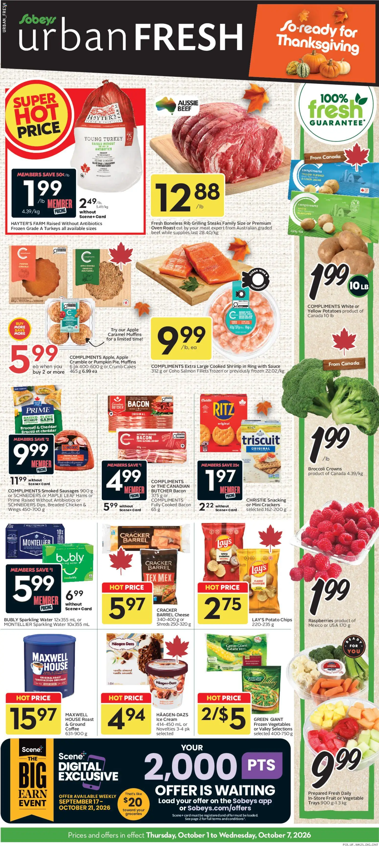 Preview of leaflet Sobeys weekly flyer / circulaire from shop Sobeys is valid from Oct 01, 2026 - Coffee, Ice cream, Water, Fruit, Salmon, Pumpkin, Door, Bacon