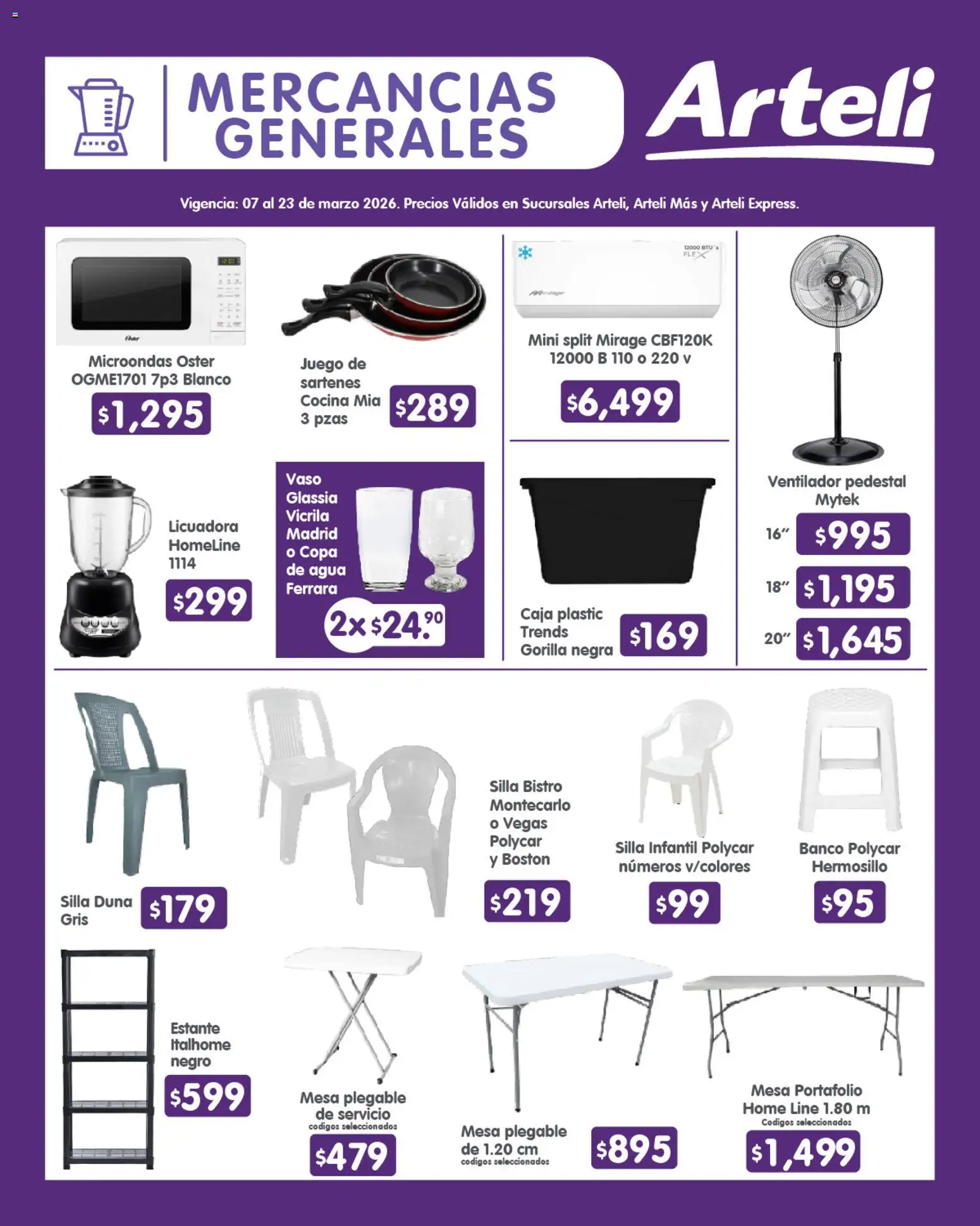 Vista previa las ofertas de la tienda Arteli - Arteli folleto Quincenal desde el 07/03/2026 - Juego, Banco, Licuadora, Microondas, Silla, Mesa, Estante, Caja