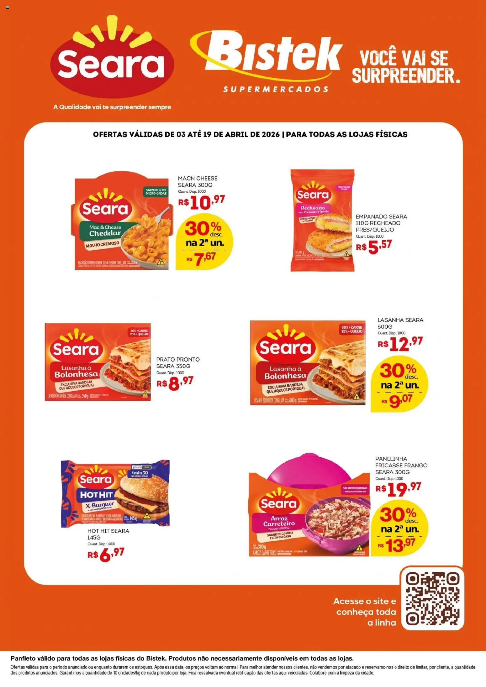 Pré-Visualização do folheto "Bistek Supermercados ofertas Seara" da loja Bistek Supermercados válido a partir de 03/04/2026 - Microondas, Lasanha, Arroz, Queijo, Cheddar, Presunto, Bandeja, Queijo empanado