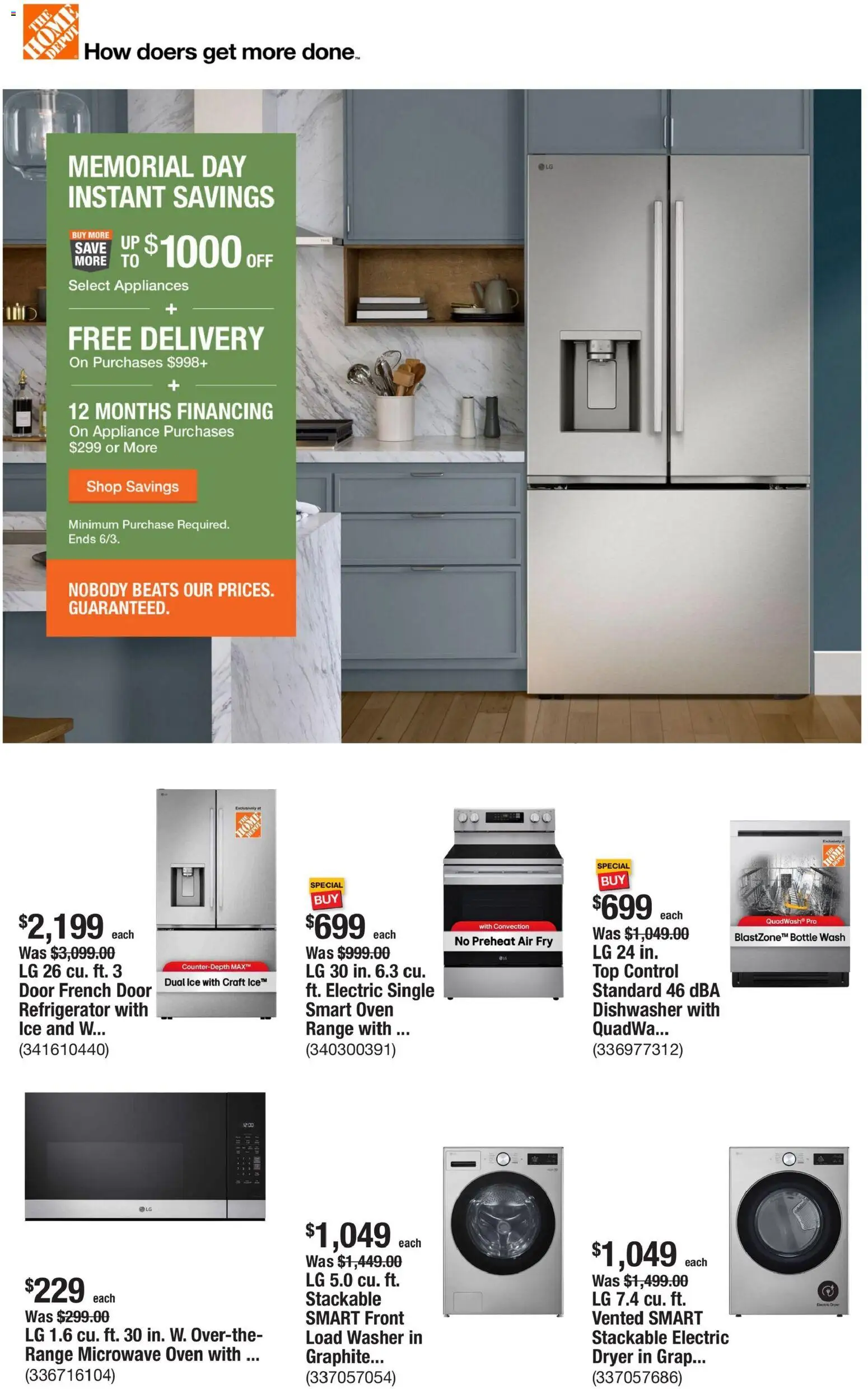 Ad Preview of Home Depot Home Depot Weekly Ad from 05/28/2026 - Ice, Refrigerator, Microwave, Dishwasher, Washer, Dryer, Oven, Microwave oven
