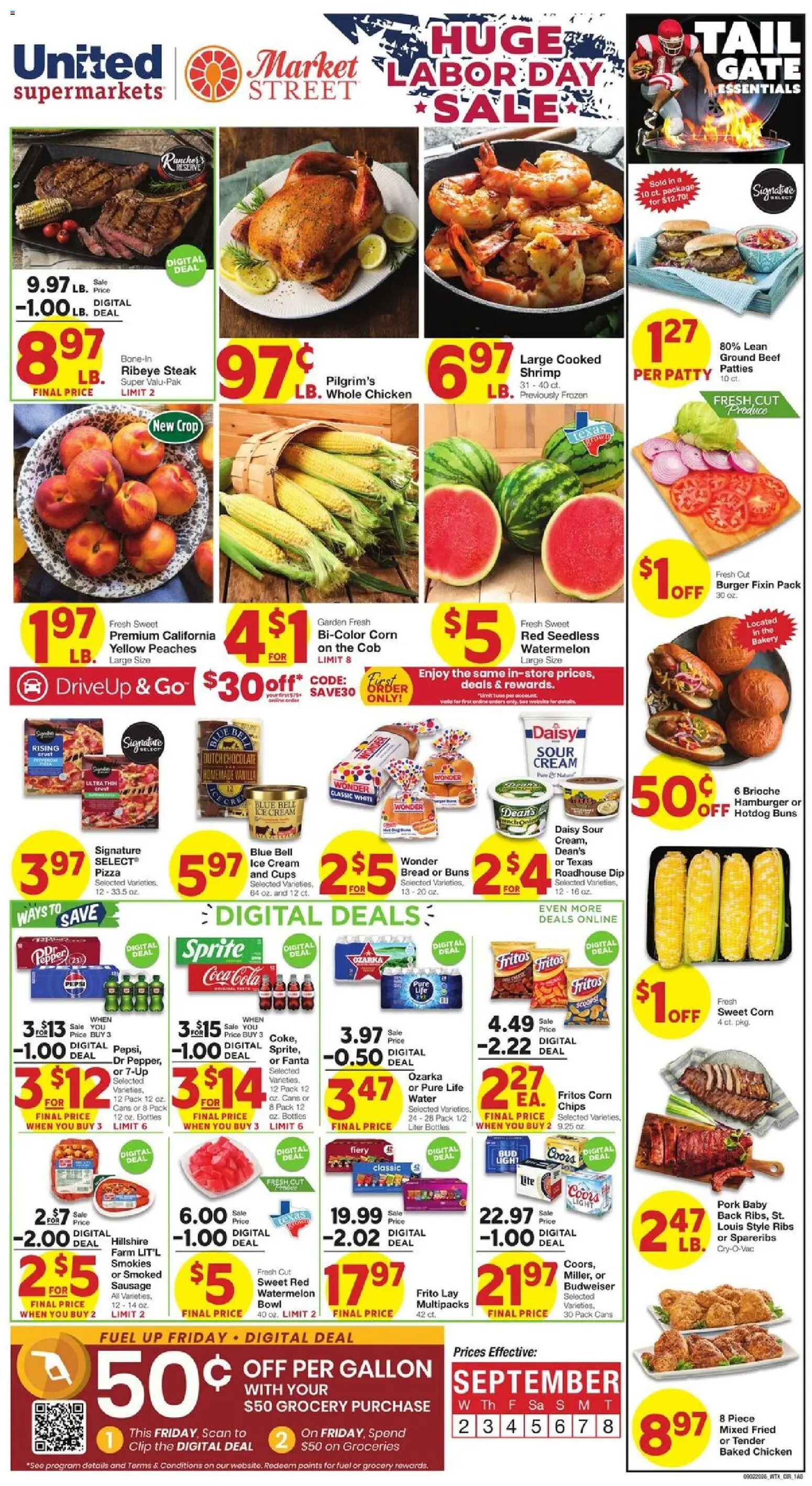 Ad Preview of United Supermarkets United Supermarkets Weekly Ad from 09/02/2026 - Water, Ice, Steak, Bread, Peaches, Pork, Clip, Chicken