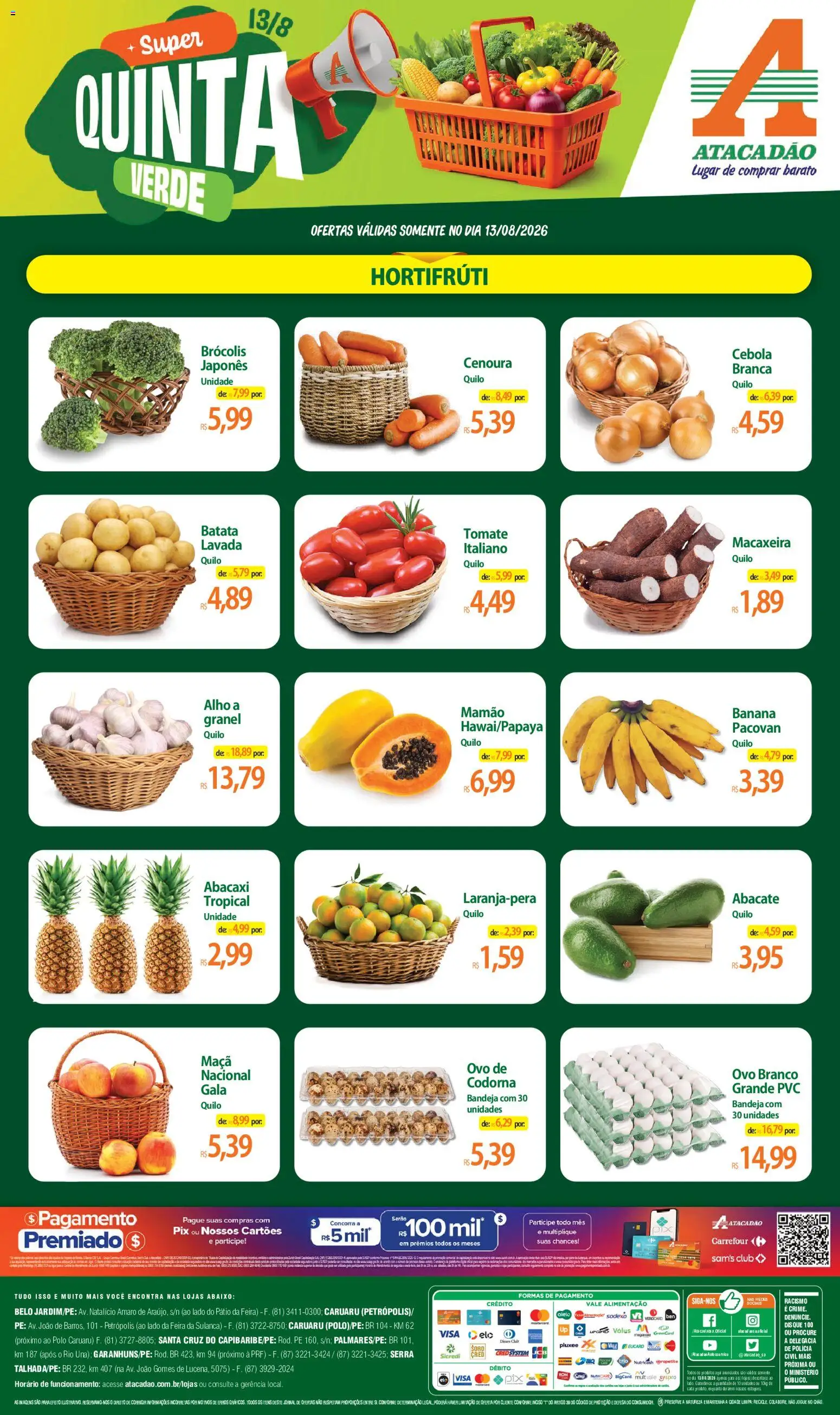 Pré-Visualização do folheto "Atacadão ofertas - PE" da loja Atacadão válido a partir de 13/08/2026 - Brócolis, Abacate, Cenoura, Macaxeira, Cebola, Bandeja, Alho, Mamão