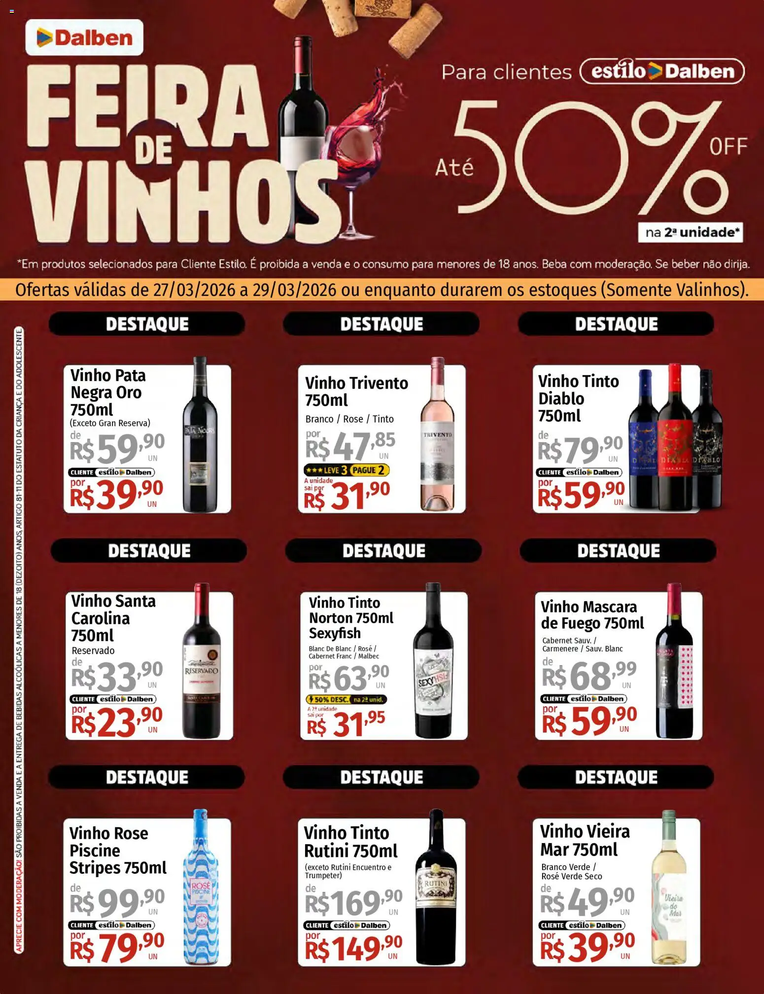 Pré-Visualização do folheto "Supermercado Dalben ofertas Feira de Vinhos" da loja Supermercado Dalben válido a partir de 27/03/2026 - Vinho, Bebidas, Pó, Vinho rosé, Vinho tinto