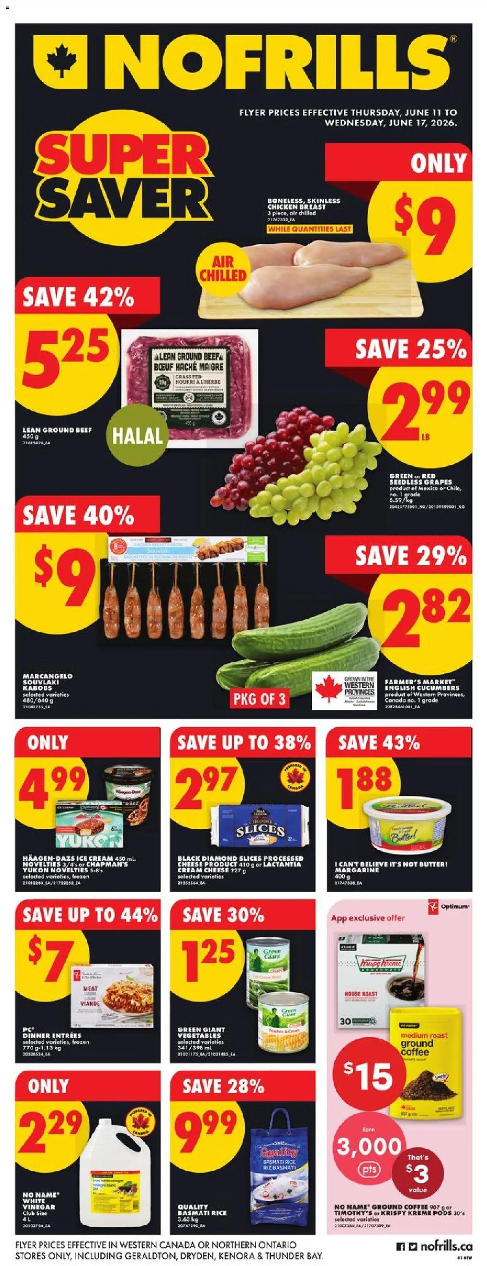 Preview of leaflet No Frills weekly flyer - AB from shop No Frills is valid from Jun 11, 2026 - PC, Cheese, Ice, Meat, Cucumbers, Cream cheese, White vinegar, Canned vegetables