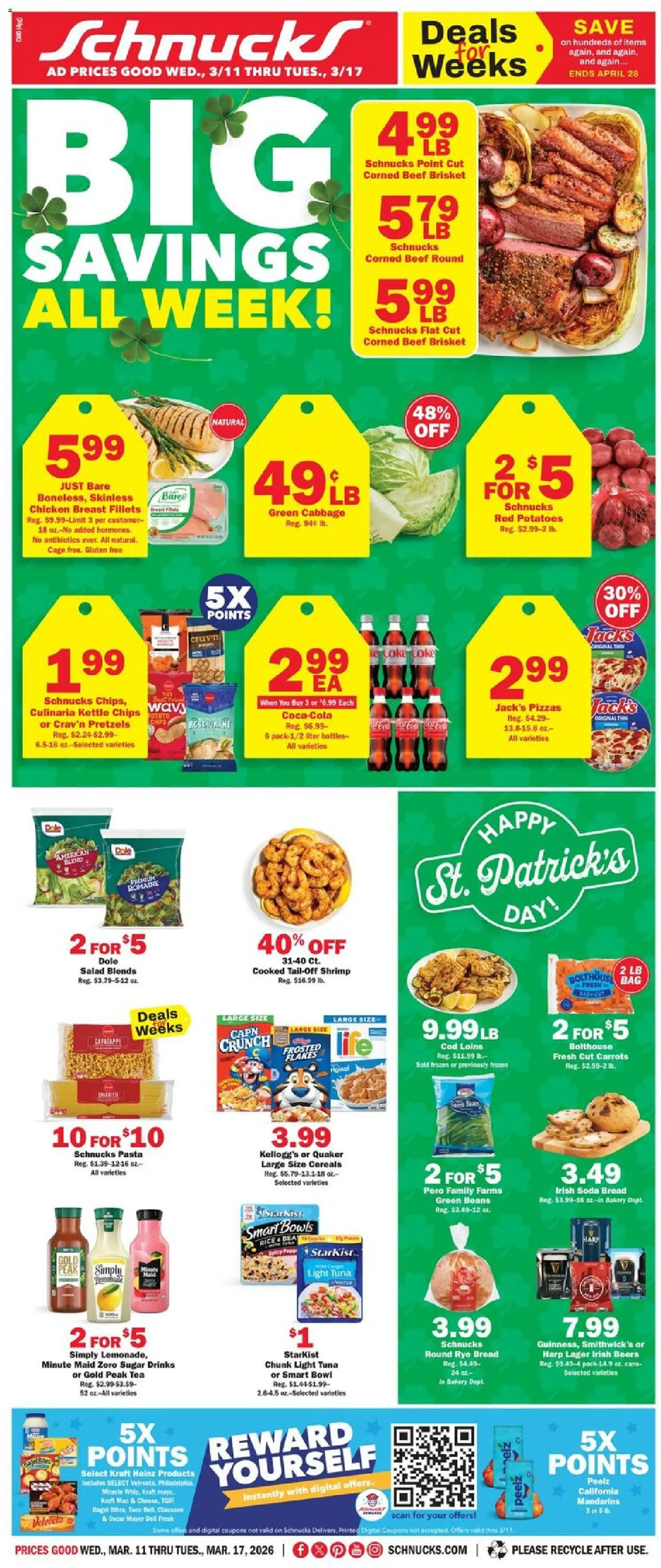 Ad Preview of Schnucks Schnucks Weekly Ad from 03/11/2026 - Bakery, Pasta, Potatoes, Tuna, Mandarins, Kettle, Beef round, Chicken breast fillets