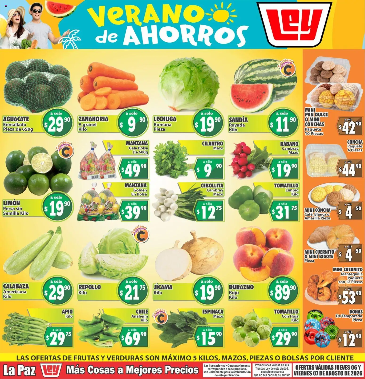 Vista previa las ofertas de la tienda Casa Ley - Casa Ley folleto Las ofertas de frutas y verdunas desde el 06/08/2026 - Manzana, Verduras, Bolsa, Limón, Mantequilla, Apio, Pan dulce, Rábano