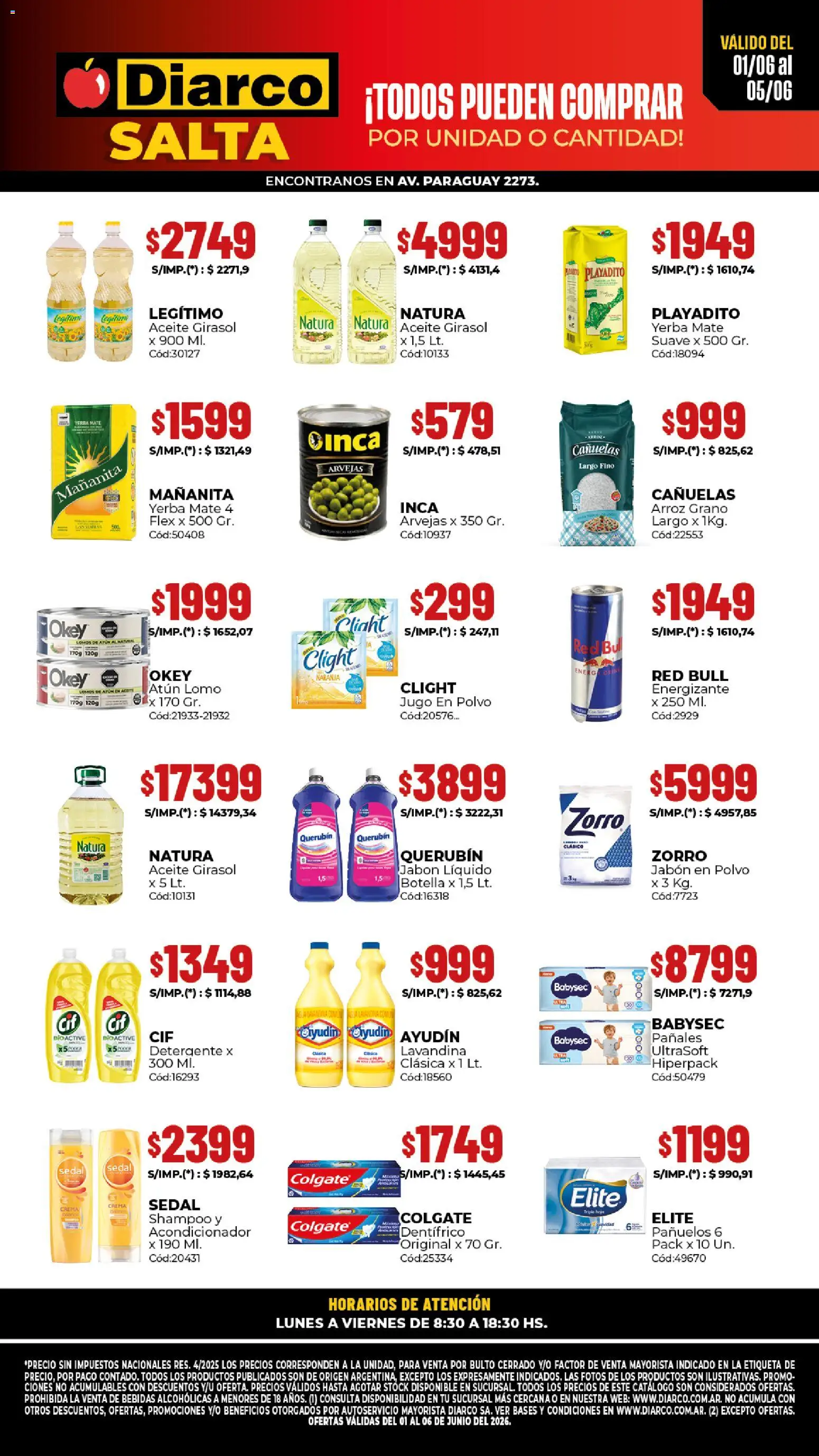 Vista previa del folleto de la tienda Diarco válido desde el 01/06/2026 - Red Bull, Yerba, Shampoo, Aceite, Arvejas, Jugo, Jabón líquido, Acondicionador
