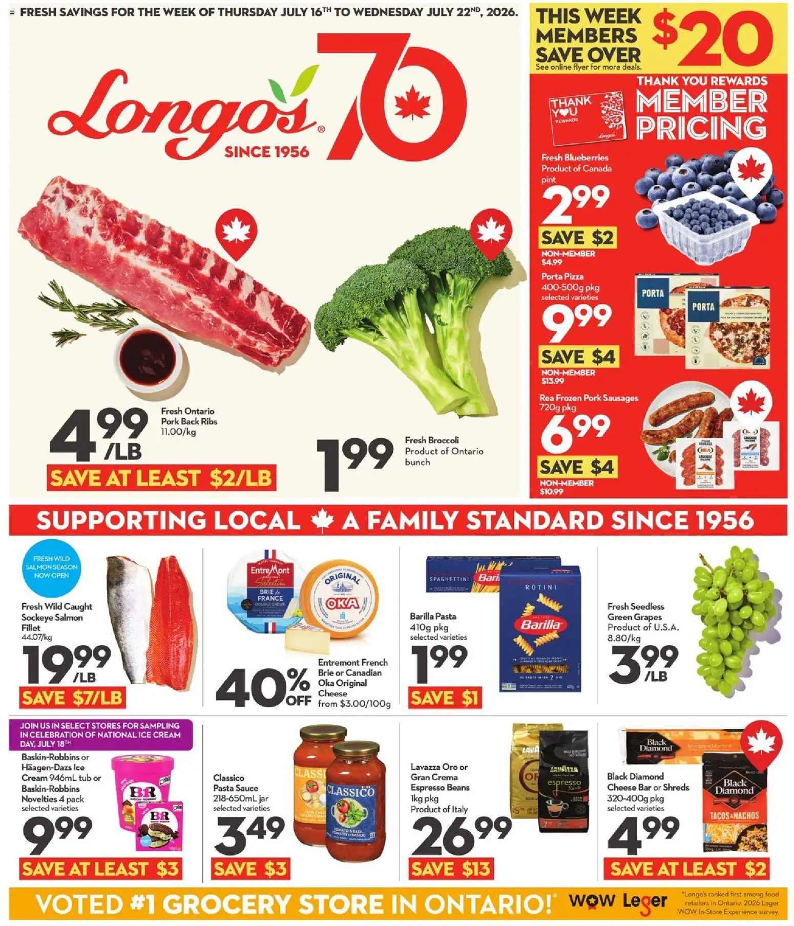 Preview of leaflet Longo's weekly flyer / circulaire from shop Longo's is valid from Jul 16, 2026 - Food, Pizza, Pasta, Cheese, Salmon, Blueberries, Pork, Grapes