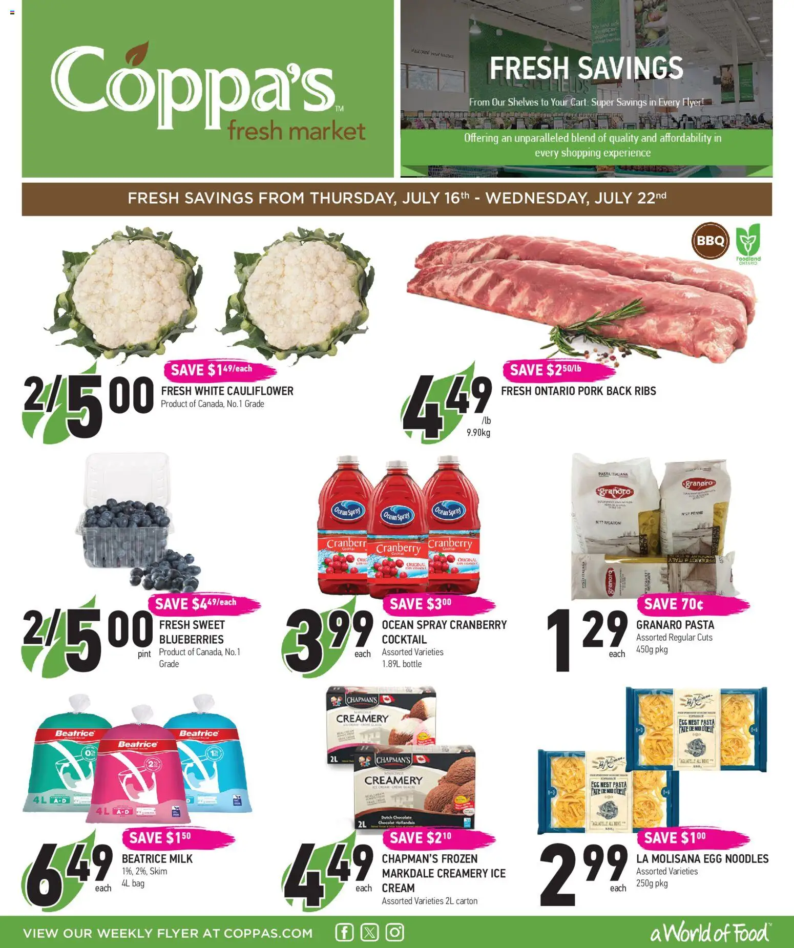 Preview of leaflet Coppas Fresh Market weekly flyer / circulaire from shop Coppas Fresh Market is valid from Jul 16, 2026 - Noodles, Pasta, Chocolate, Cocktail, Cauliflower, Pork, Cream, Pâté