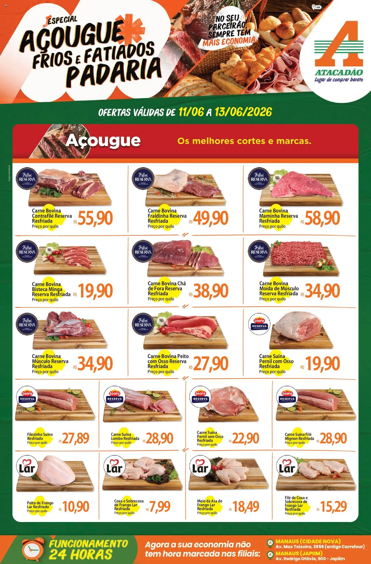 Pré-Visualização do folheto "Atacadão ofertas - AM" da loja Atacadão válido a partir de 11/06/2026 - Carne, Frango, Chá, Peito de frango, Fraldinha, Maminha, Lombo, Carne bovina músculo