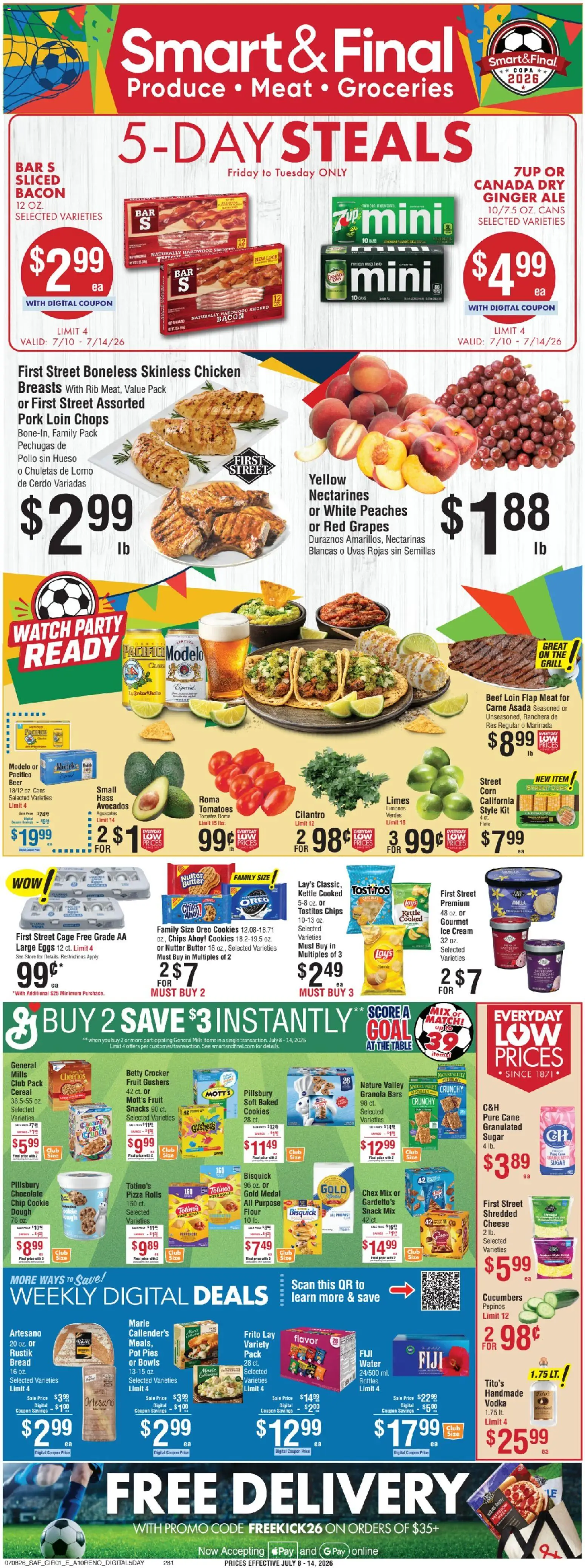 Ad Preview of Smart & Final Smart & Final Weekly Ad from 07/10/2026 - Pizza, Beer, Cheese, Bread, Sugar, Grapes, Kettle, Dough