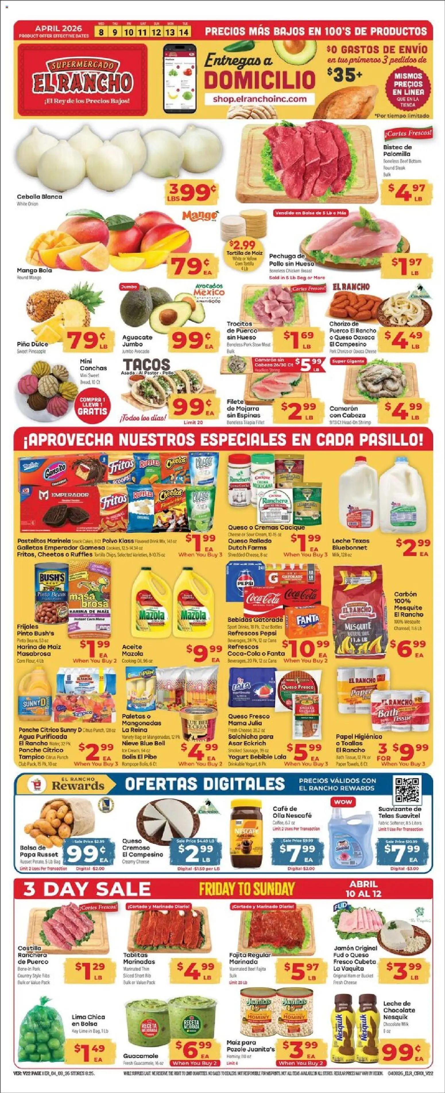 Ad Preview of El Rancho El Rancho Weekly Ad from 04/08/2026 - Mango, Avocado, Corn, Guacamole, Tilapia, Ham, Beef, Bath