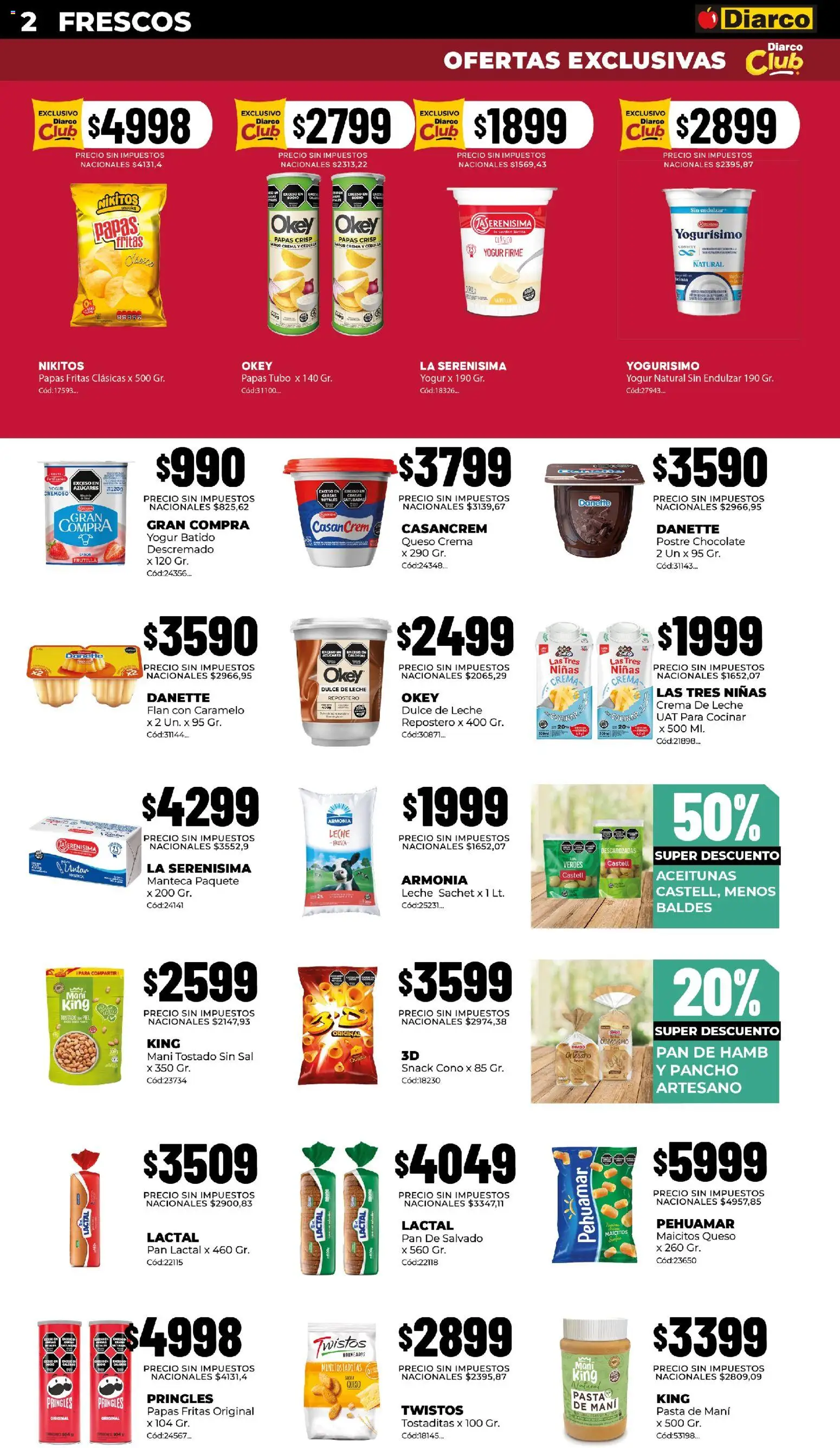 Vista previa del folleto de la tienda Diarco válido desde el 14/09/2026 - Chocolate, Dulce de leche, Papas fritas, Crema de leche, Leche, Vainilla, Pan lactal, Dulce