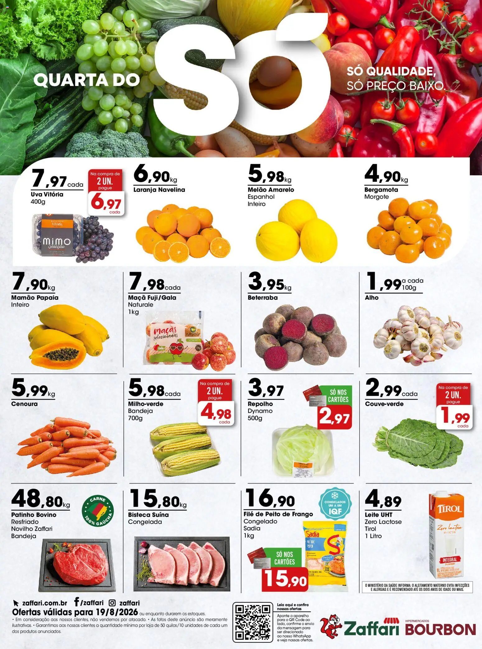 Pré-Visualização do folheto "Ofertas Quarta do Só" da loja Zaffari válido a partir de 19/08/2026 - Leite, Peito de frango, Baixo, Bergamota, Repolho, Bandeja, Alho, Mamão