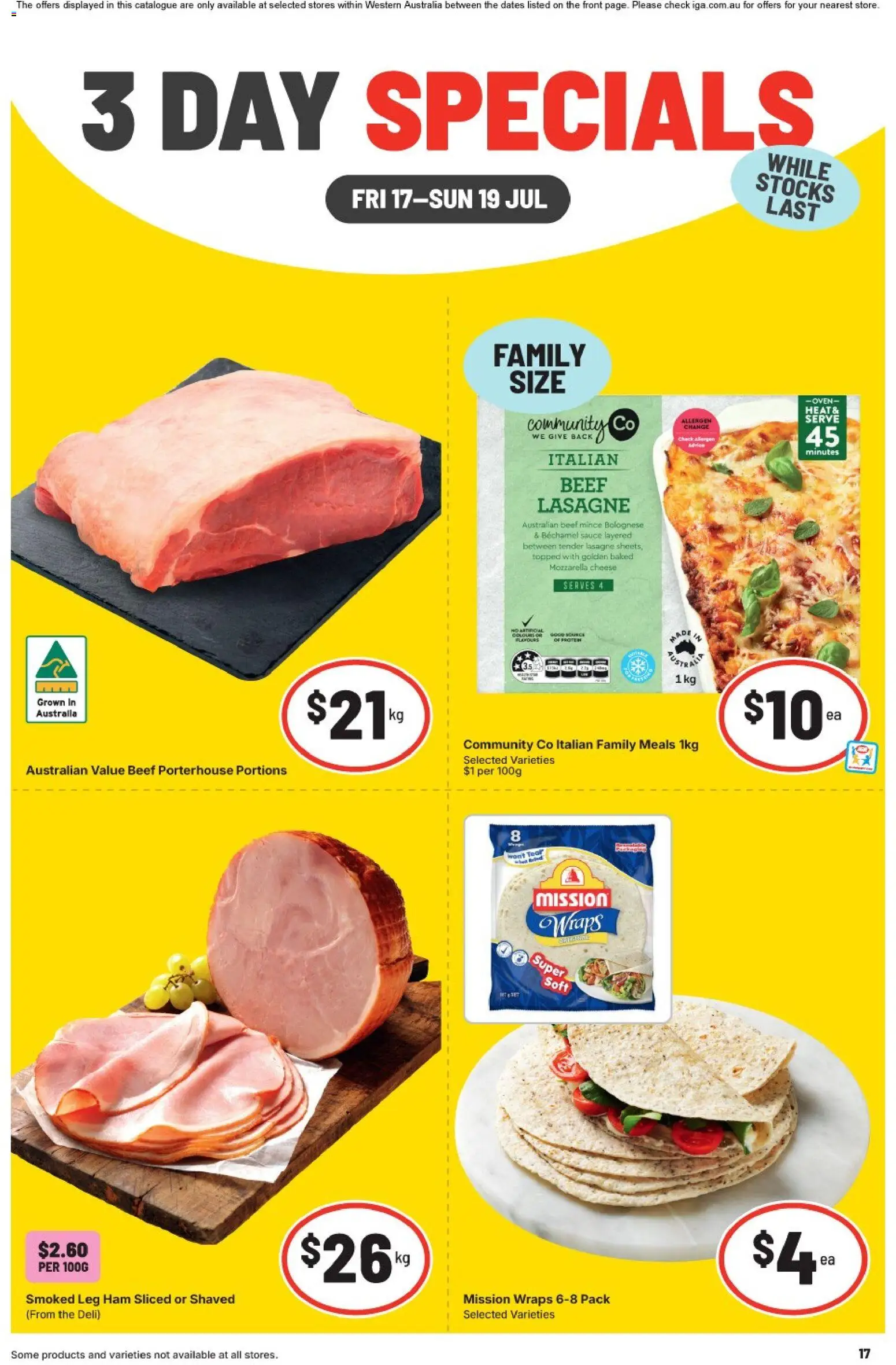 Preview of catalogue IGA 3 Day Specials WA Medium Metro from shop IGA valid 17/07/2026 - Cheese, Ham, Beef, Sauce, Lasagne, Mozzarella