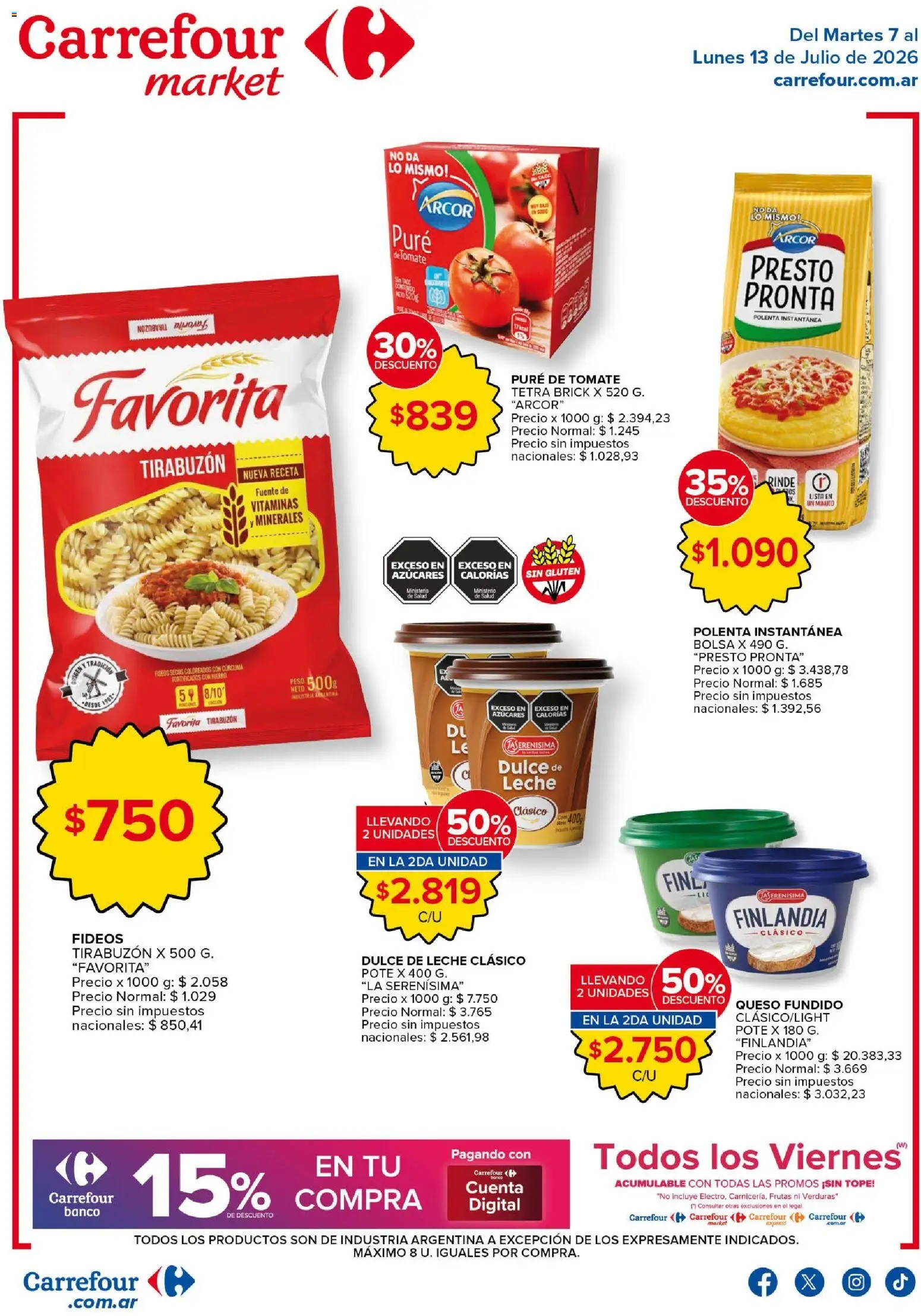 Vista previa del folleto de la tienda Carrefour Market válido desde el 07/07/2026 - Fuente, Dulce de leche, Queso, Tomate, Verduras, Polenta, Leche, Pure de Tomate