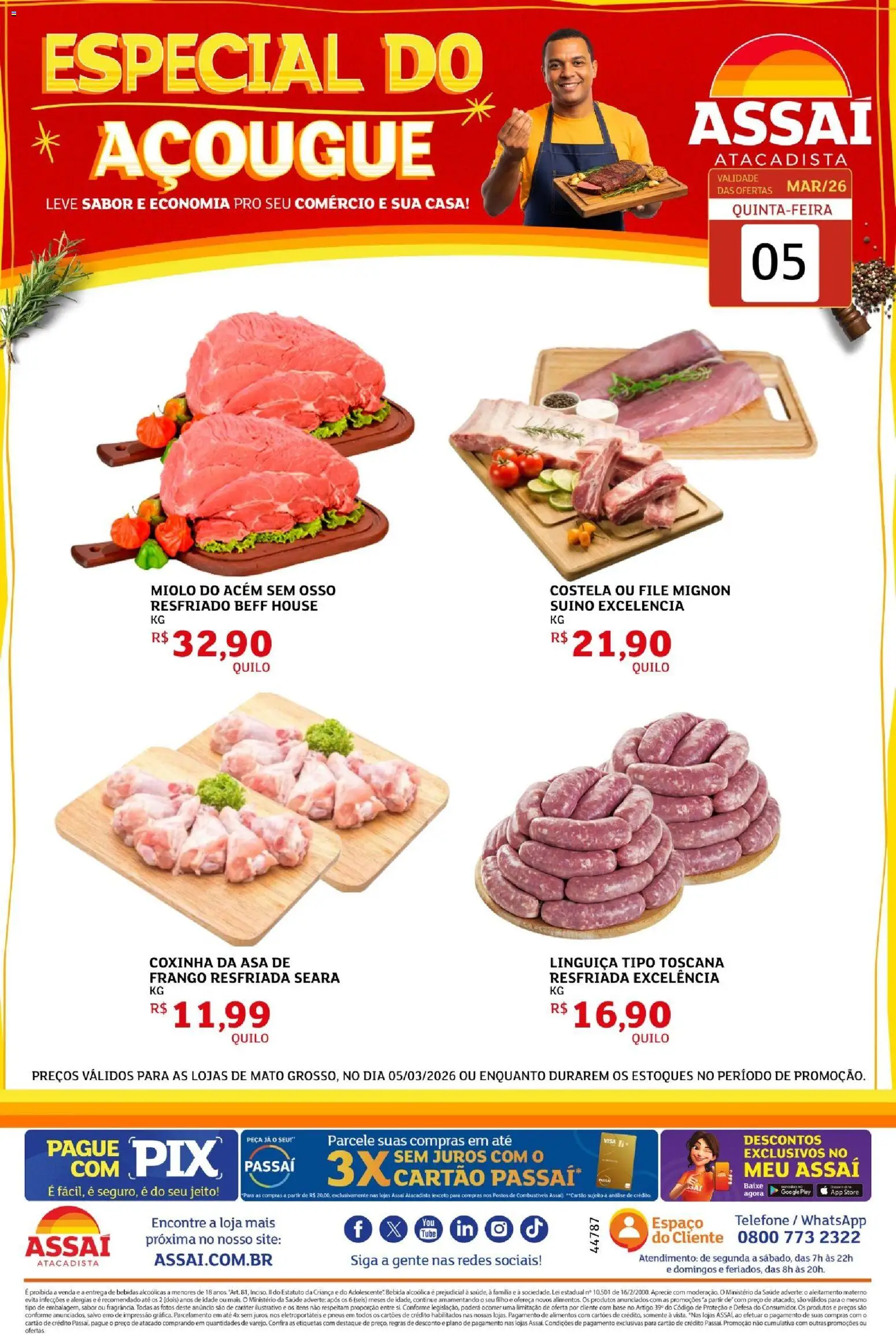 Pré-Visualização do folheto "Assaí Atacadista ofertas - MT" da loja Assaí Atacadista válido a partir de 05/03/2026 - Telefone, Bebidas, Bebida, Frango, Alimentos, Linguiça, Asa de frango, Acém