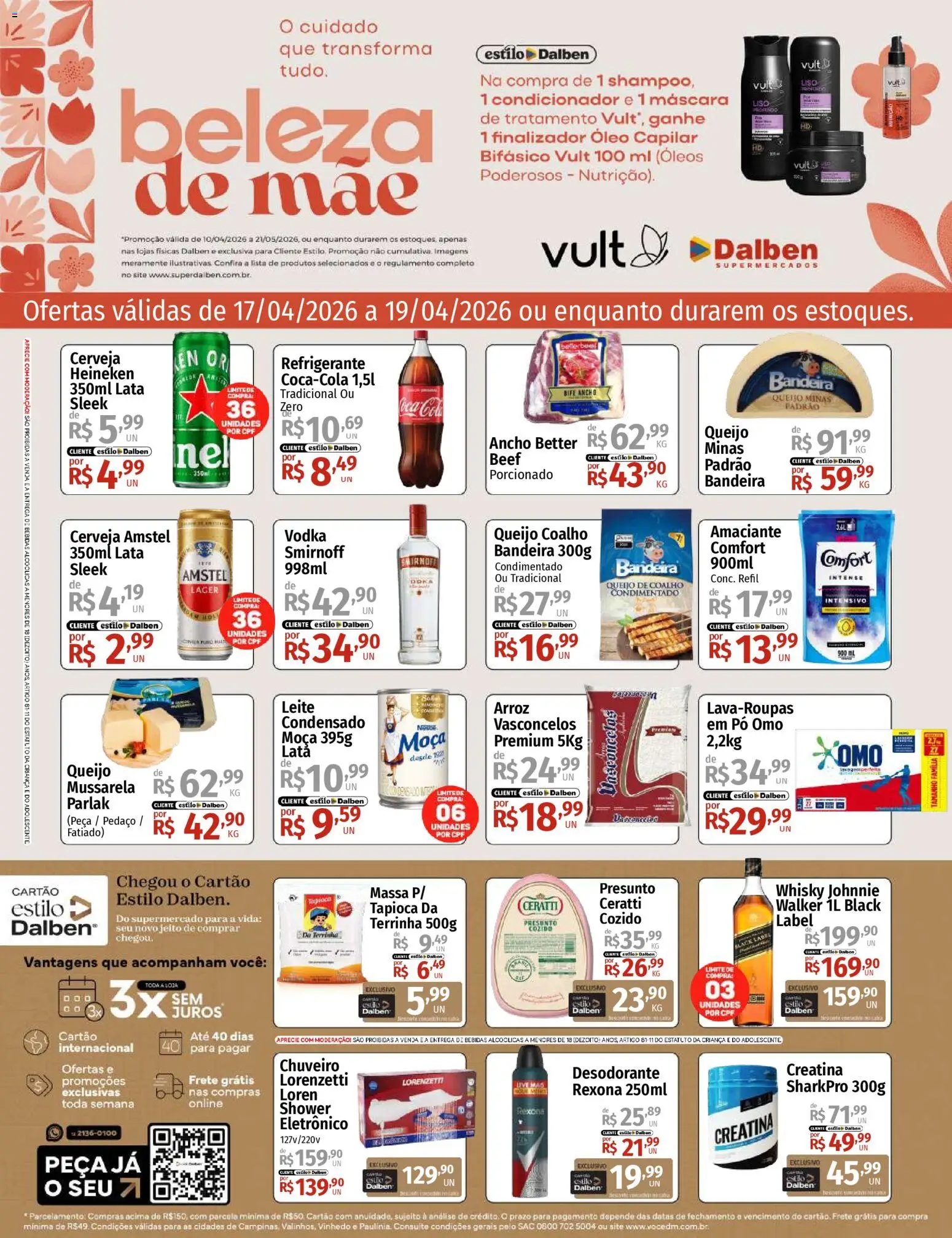 Pré-Visualização do folheto "Supermercado Dalben - Ofertas da semana" da loja Supermercado Dalben válido a partir de 17/04/2026 - Heineken, Cerveja, Vodka, Queijo, Mussarela, Queijo coalho, Rexona, Condicionador