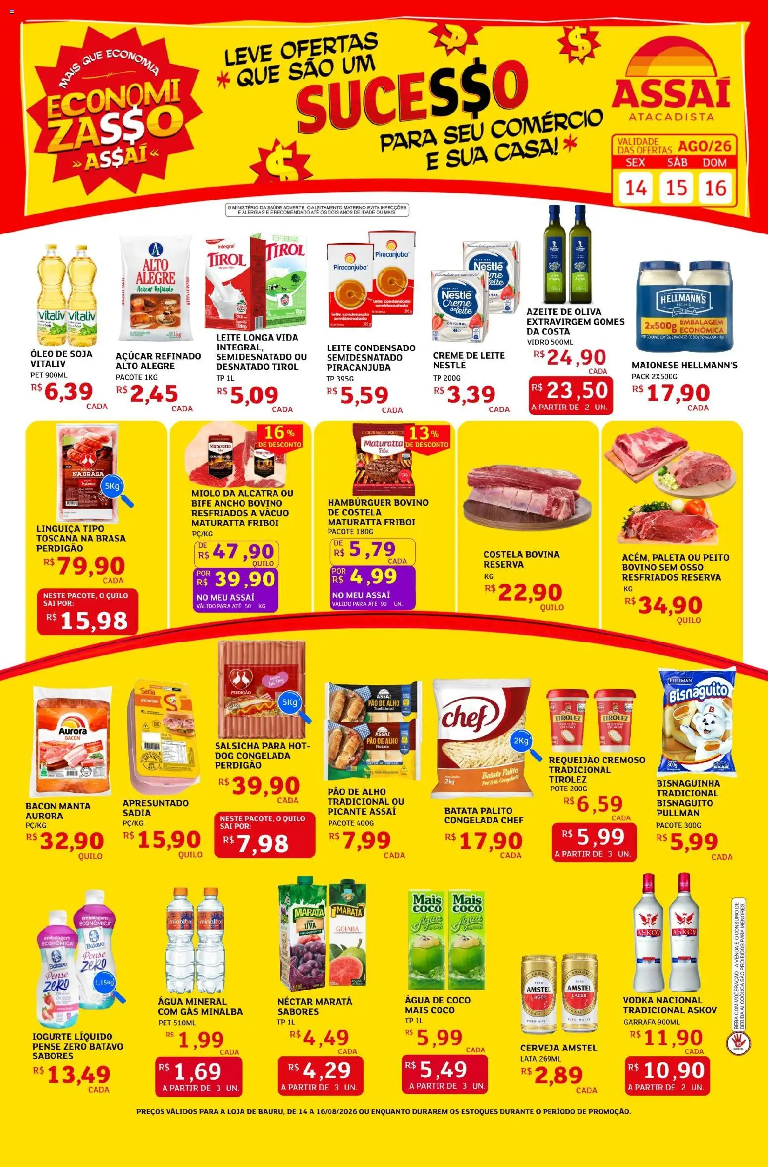 Pré-Visualização do folheto "Assaí Atacadista ofertas - SP" da loja Assaí Atacadista válido a partir de 14/08/2026 - Hambúrguer, Coco, Salsicha, Bebida, Batata, Azeite, Pao de alho, Minalba