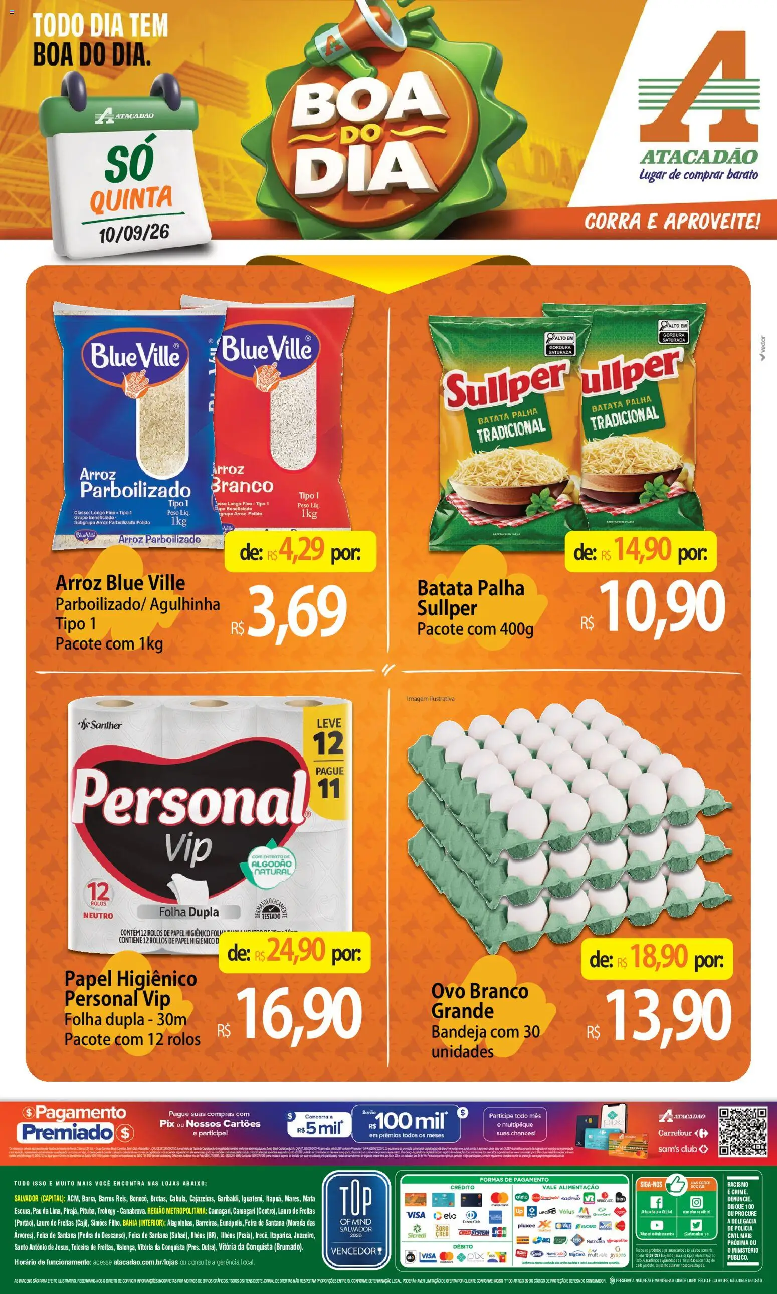 Pré-Visualização do folheto "Atacadão ofertas - BA" da loja Atacadão válido a partir de 10/09/2026 - Arroz, Batata, Papel higiênico, Arroz parboilizado, Bandeja, Algodão, Batata palha