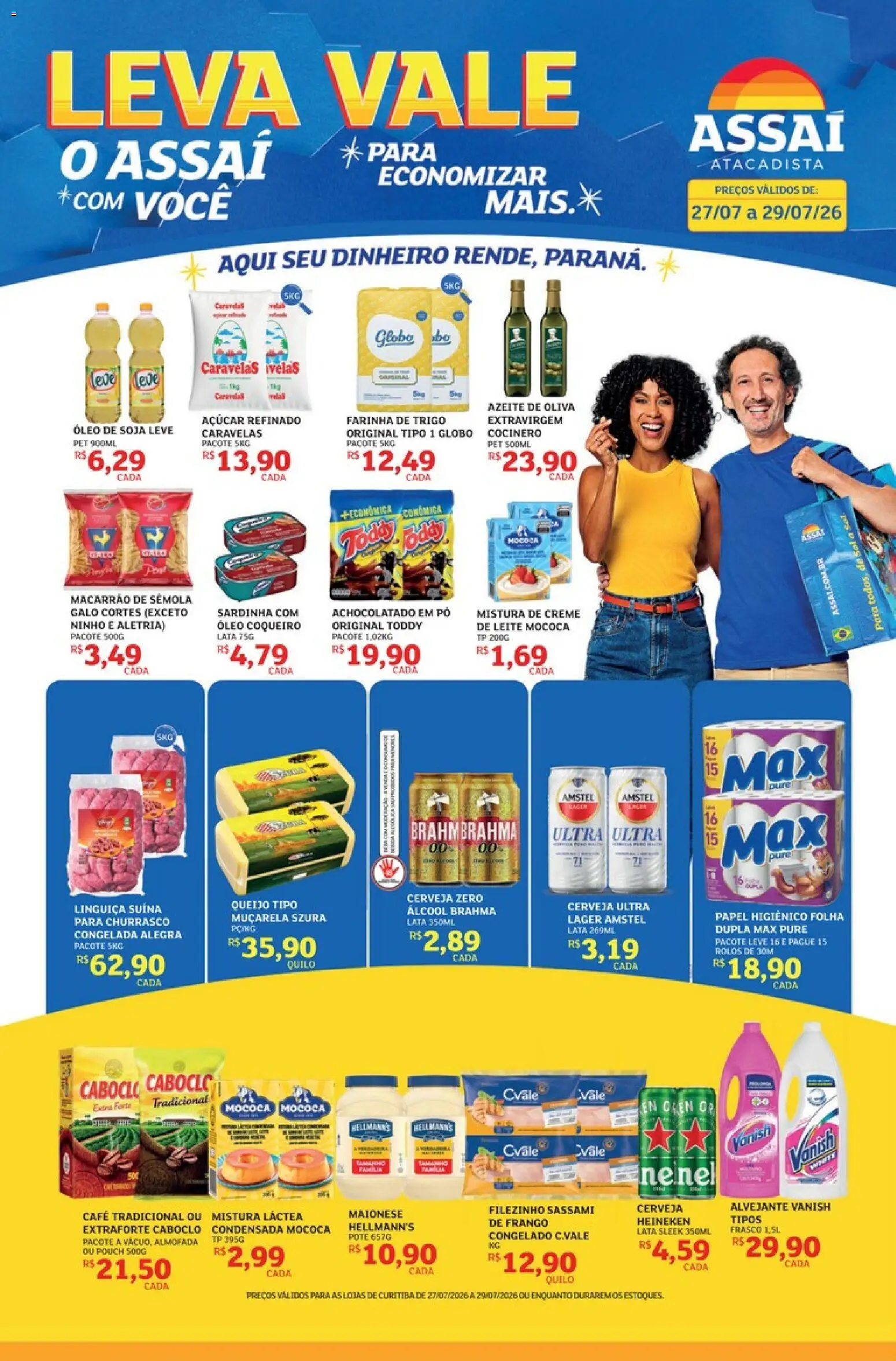 Pré-Visualização do folheto "Assaí Atacadista ofertas - PR" da loja Assaí Atacadista válido a partir de 27/07/2026 - Cerveja, Álcool, Frango, Vanish, Pó, Linguiça, Farinha, Macarrão de sêmola