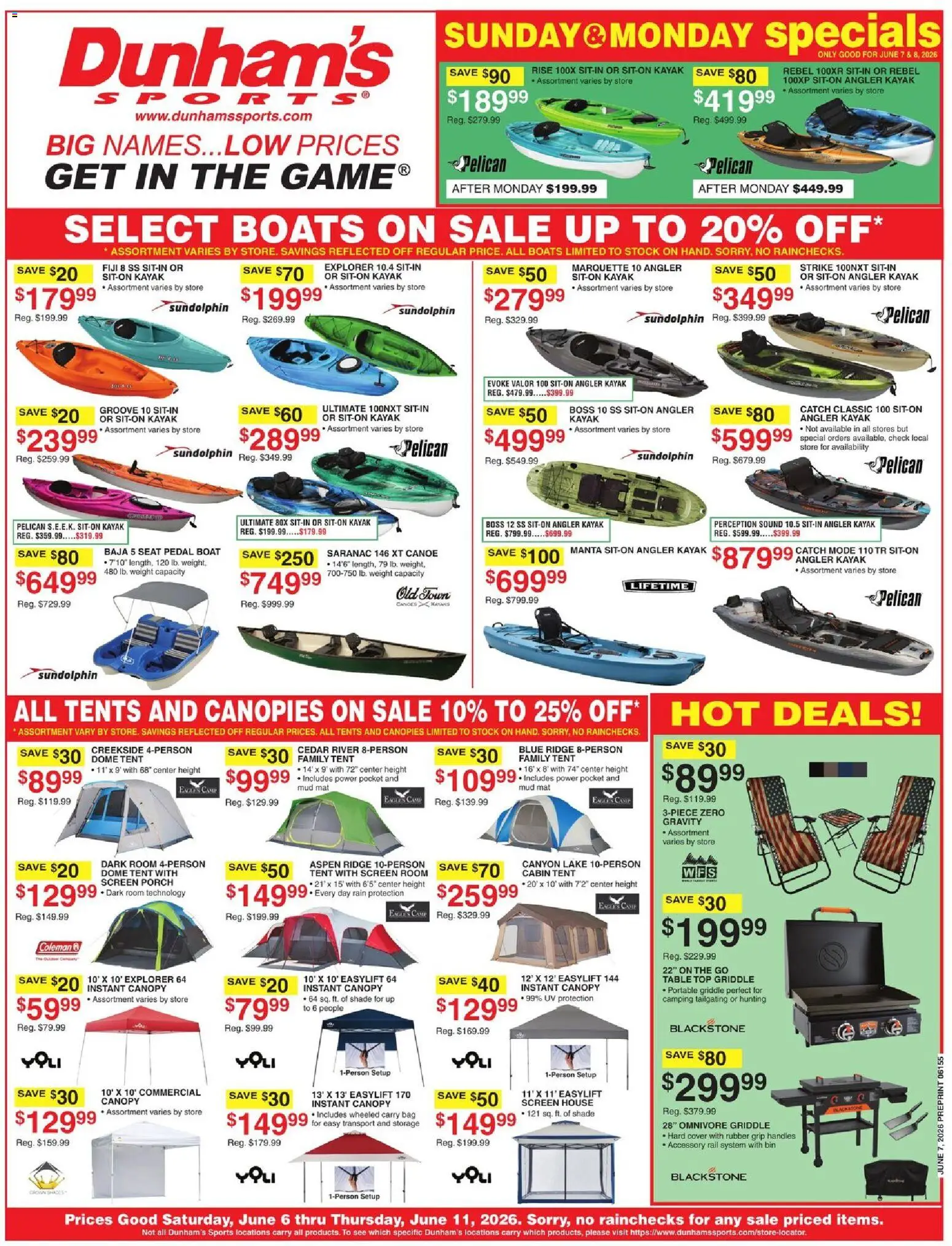 Ad Preview of Dunham's Sports Dunham's Sports Weekly Ad from 06/05/2026 - Kayak, Tent, Canoe, Bag, Weight, Griddle, Ridge, Table