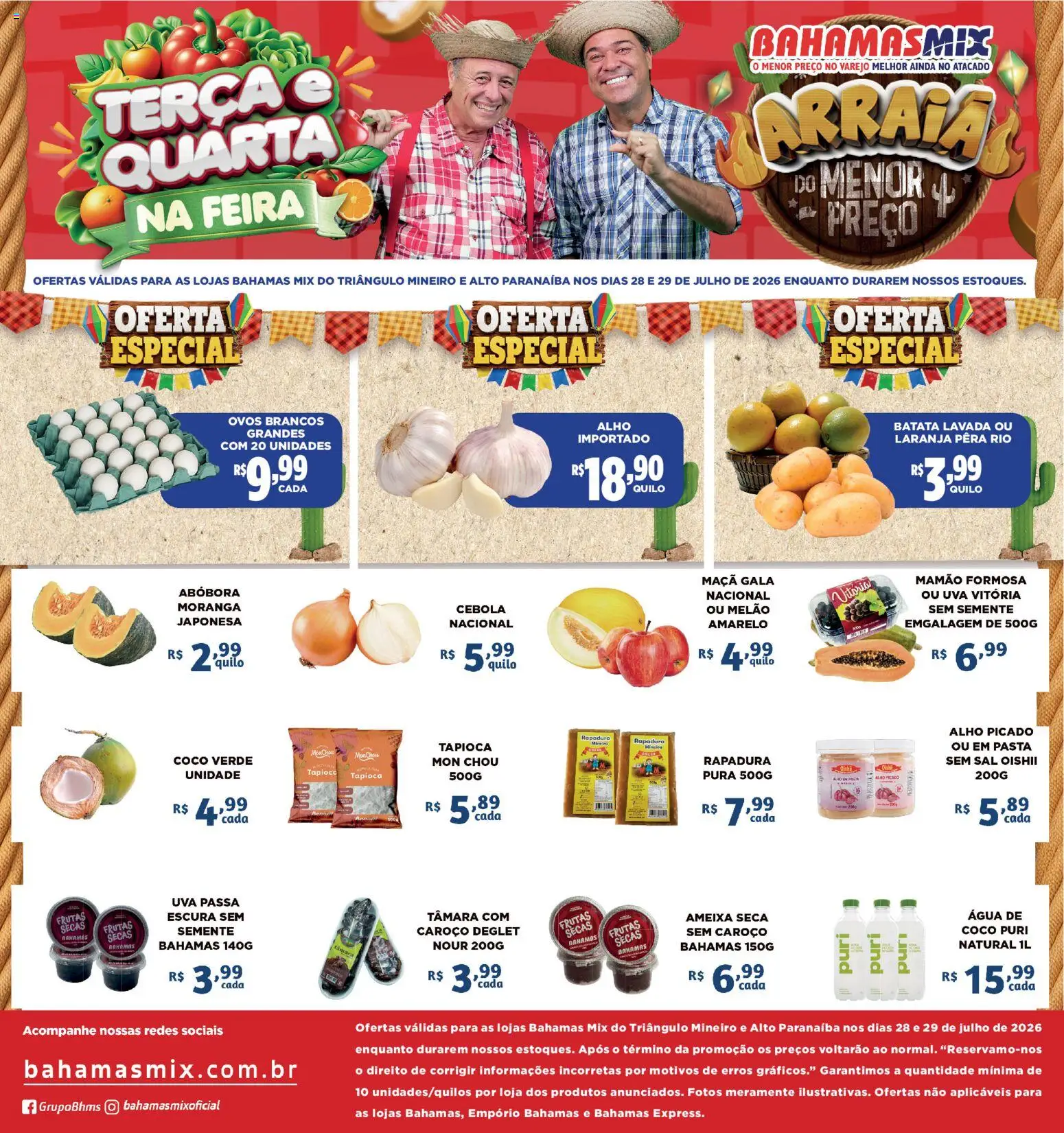 Pré-Visualização do folheto "Bahamas Mix ofertas Terça e Quarta na Feira" da loja Bahamas Mix válido a partir de 28/07/2026 - Água, Moranga, Tapioca, Sal, Batata, Pasta, Melão, Mamão