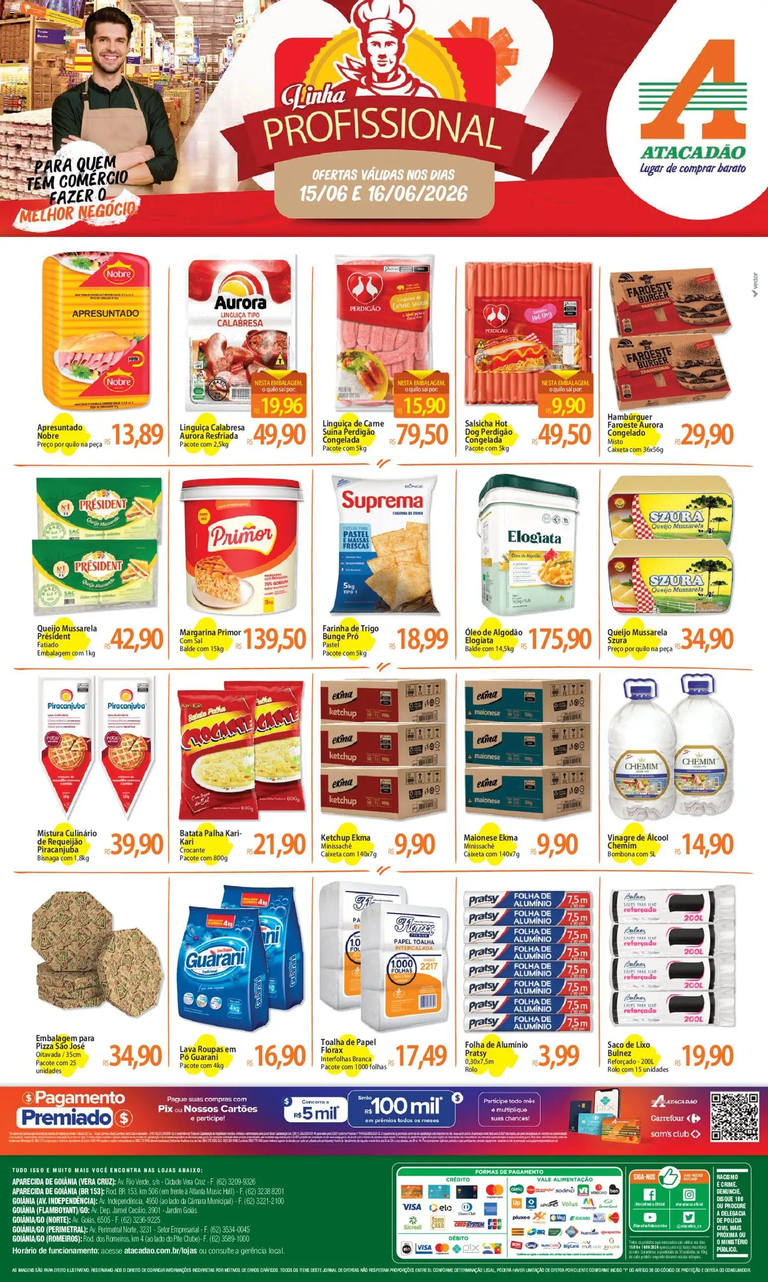 Pré-Visualização do folheto "Atacadão ofertas - GO" da loja Atacadão válido a partir de 15/06/2026 - Salsicha, Requeijão, Batata palha, Papel toalha, Farinha, Balde, Vinagre, Rolo
