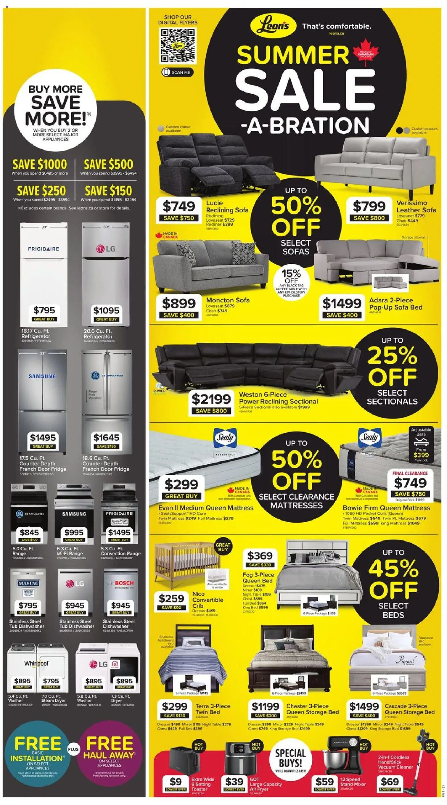 Preview of leaflet Leon's weekly flyer / circulaire from shop Leon's is valid from Jul 16, 2026 - Mattresses, Coffee table, Dresser, Mirror, Vacuum cleaner, Door, Fryer, Table