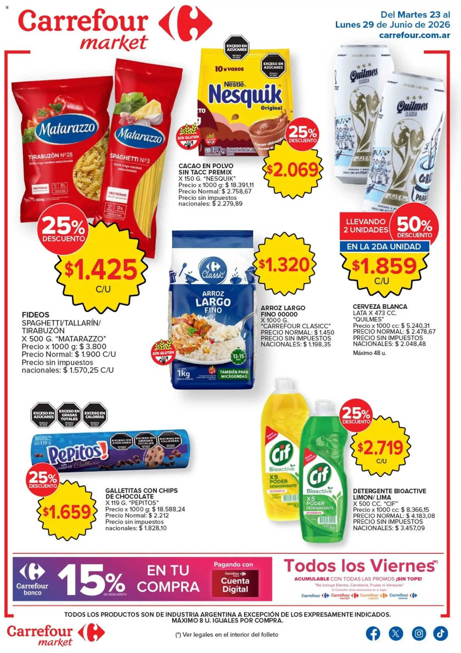 Vista previa del folleto de la tienda Carrefour Market válido desde el 23/06/2026 - Lima, Verduras, Arroz, Galletitas, Cacao, Vasos, Detergente, Polvo